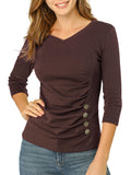 Allegra K Women's V Neck Tops 3/4 Sleeves Solid Knitted Buttons Decor Ruched Blouse