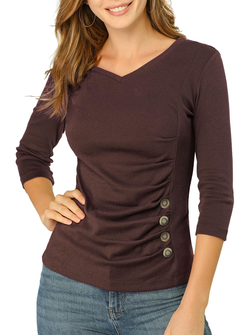 Allegra K Women's V Neck Tops 3/4 Sleeves Solid Knitted Buttons Decor Ruched Blouse