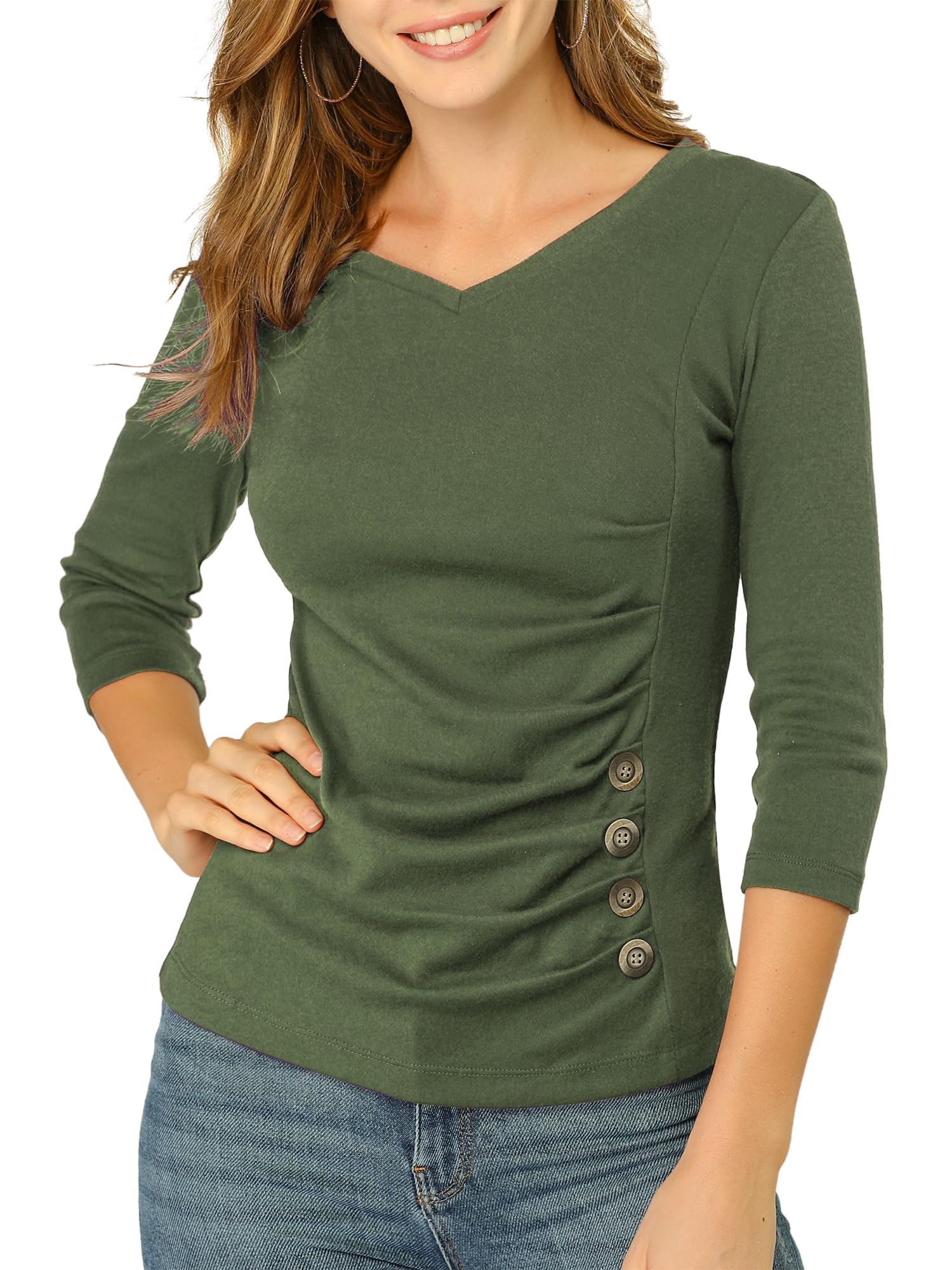 Allegra K Women's V Neck Tops 3/4 Sleeves Solid Knitted Buttons Decor Ruched Blouse