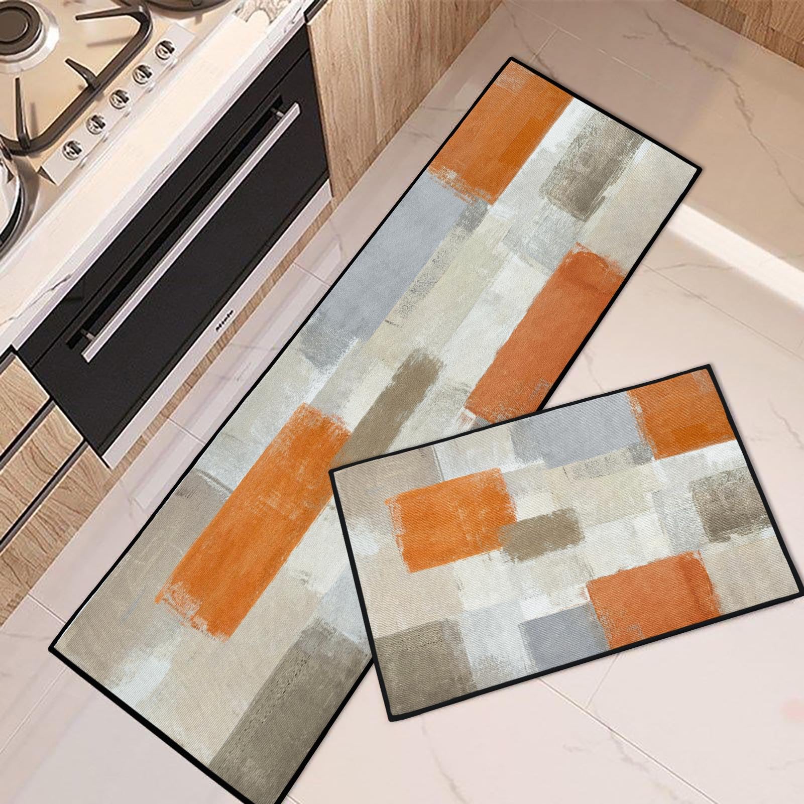 Blue Kitchen Rugs and Mats Non Skid Washable Set of 2, Grey White Modern Abstract Mats for Floor, Geometric Painting Runner Rug Graffiti Art Kitchen Decor