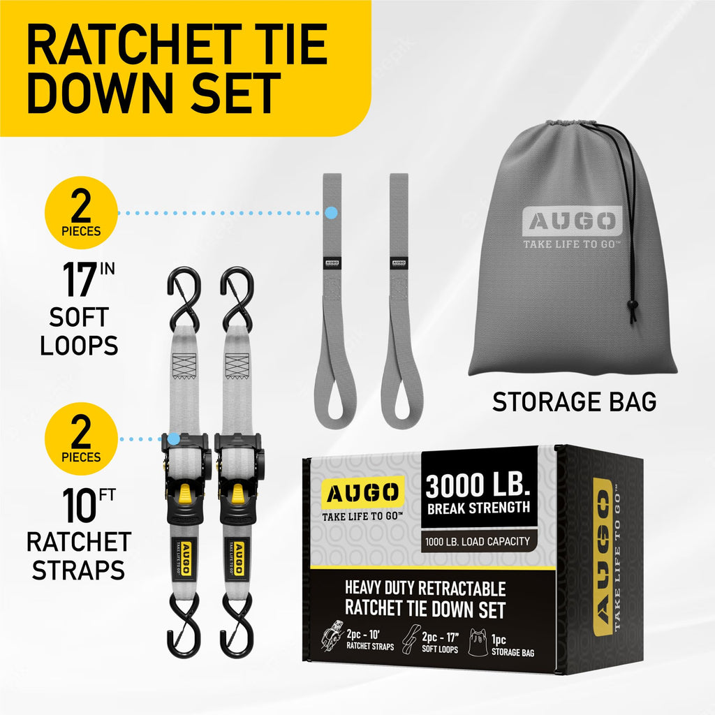 AUGO Retractable Ratchet Straps | 2 Heavy Duty Ratchet Straps Self Retractable Tie Downs with Soft Loops & Storage Bag for Motorcycle, Truck, Trailer, Cargo Van | 1200 Lb Break Strength 1” x 10’