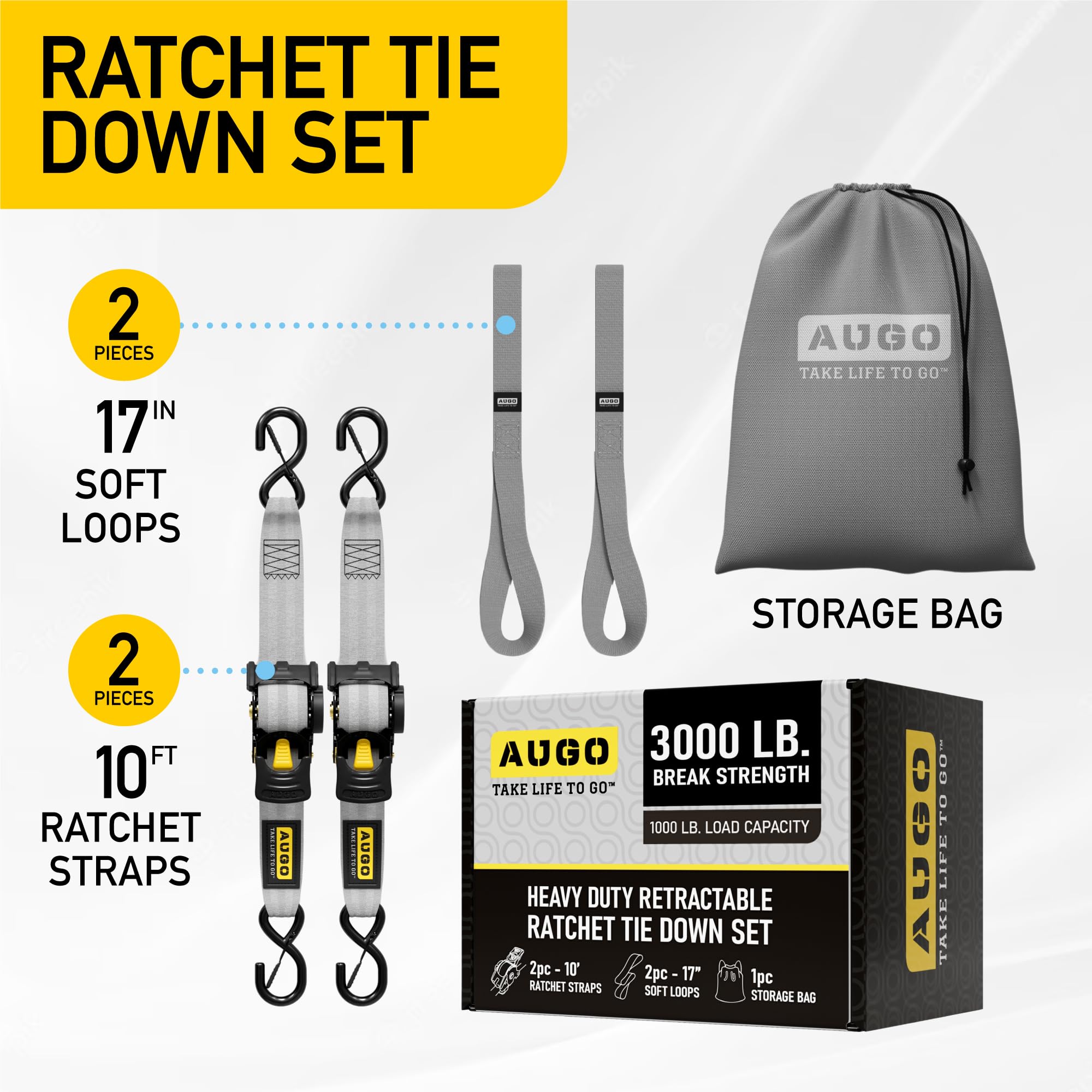 AUGO Retractable Ratchet Straps | 2 Heavy Duty Ratchet Straps Self Retractable Tie Downs with Soft Loops & Storage Bag for Motorcycle, Truck, Trailer, Cargo Van | 1200 Lb Break Strength 1” x 10’