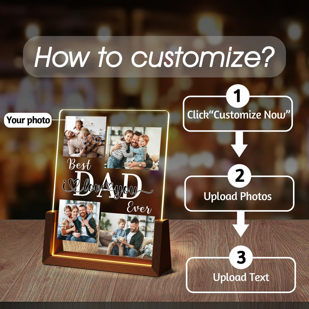 Personalized Fathers Day Birthday Gifts For Daddy Dad From Daughter Son Wife, Custom Acrylic Plaque Light Up Picture Frame, Customized Dad Gifts For Husband Men Papa Fathers Day Christmas