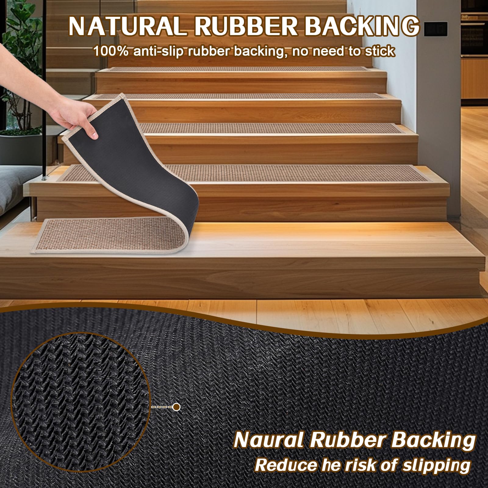 Non Slip Stair Treads for Wooden Steps, Square Rubber Backing Non Slip Stair Landing Mat, Thicken Linen Carpet Stair Runners Indoor, No Residue Stair Carpet Treads, 29"x29", Beige