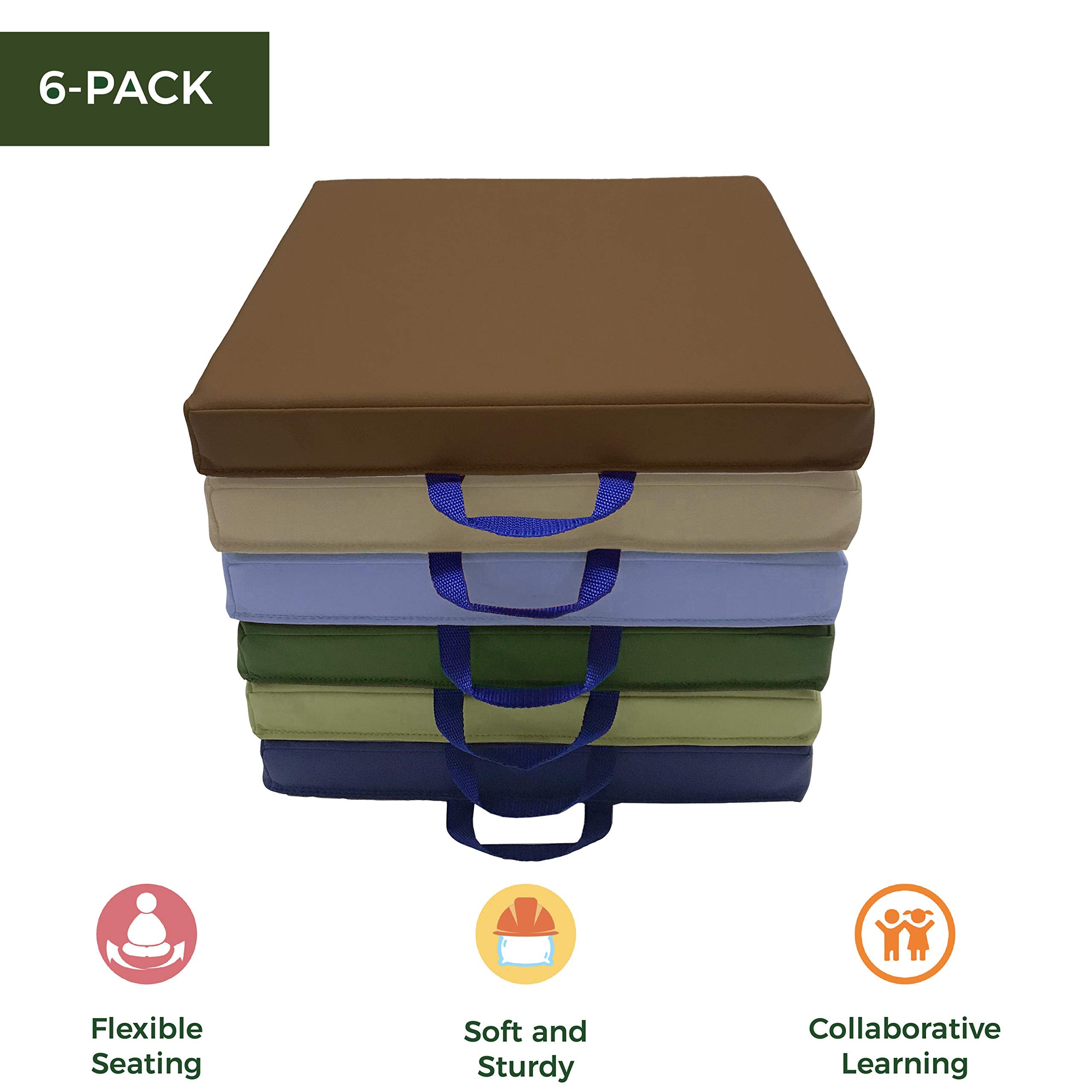 Factory Direct Partners SoftScape 15 inch Square Classroom Floor Cushions with Handles; Flexible Seating for Daycare, Preschool, Playroom; 2 inch Thick Deluxe Foam (6-Piece) - Assorted, 12228-AS