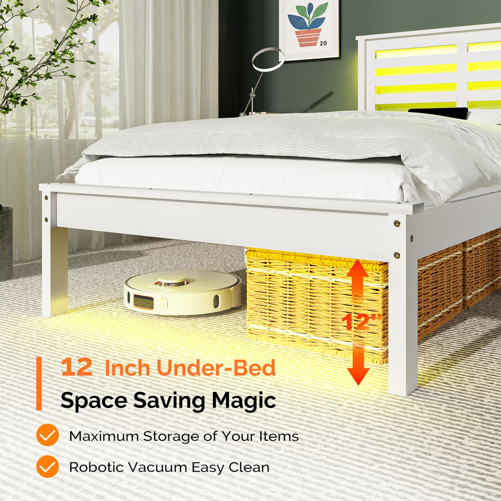 Bonnlo Twin Size Solid Wood Platform Bed Frame, Single Bed with Headboard, No Box Spring Needed Panel Bed, Wood Slat Support Mattress Foundation, White