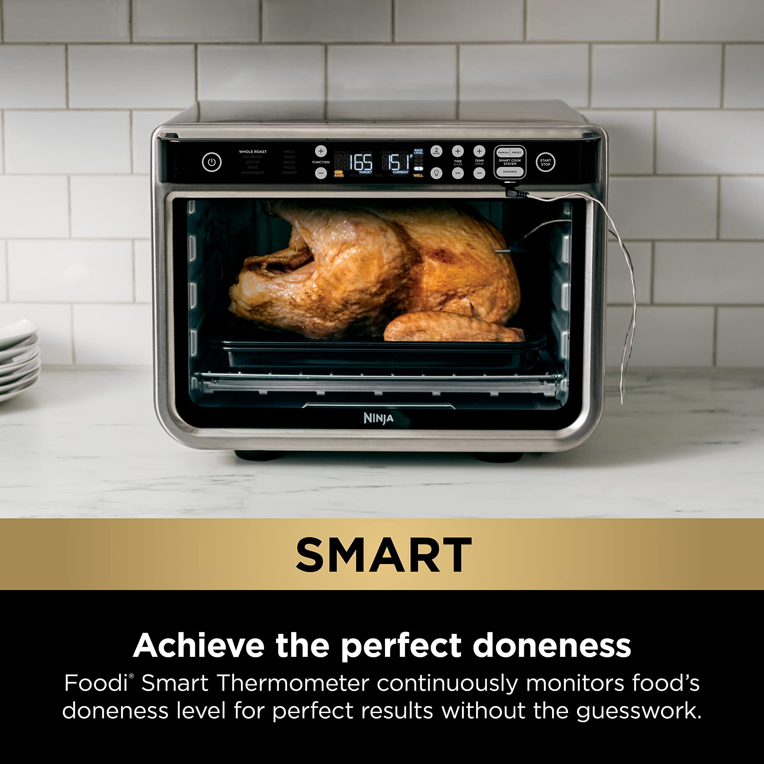 Ninja DT251 Foodi 10-in-1 Smart XL Air Fry Oven, Bake, Broil, Toast, Air Fry, Roast, Digital Toaster, Smart Thermometer, True Surround Convection up to 450°F, includes 6 trays & Recipe Guide, Silver