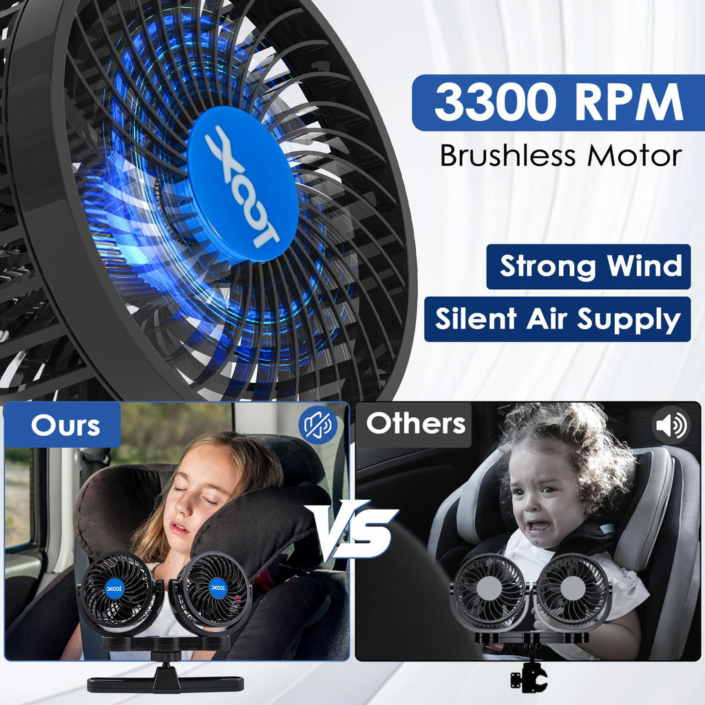 XOOL Clip Car Fan, 9 Inches 12V/24V Fan, 360° Rotatable Electric Cooling Clip on Fan with Stepless Speed Regulation for SUV, RV, Truck