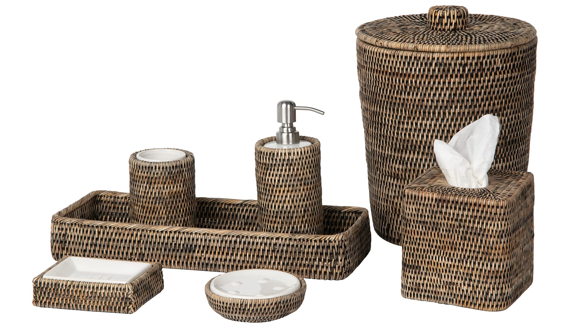 Kouboo La Jolla Rattan Round Waste Basket with Lid & Plastic Insert Black Wash
