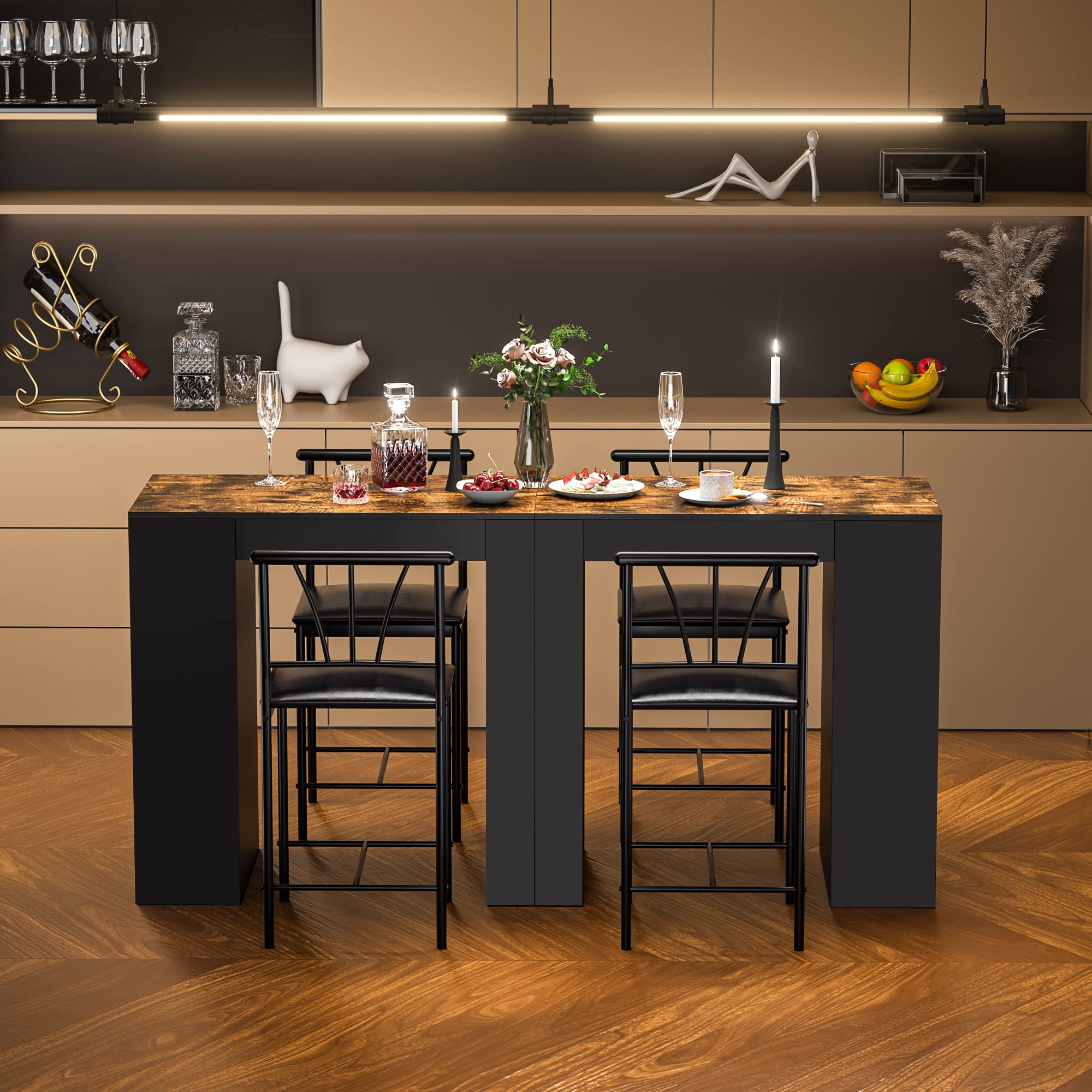 VECELO Small Bar Table and Chairs Tall Kitchen Breakfast Nook with Stools/Dining Set for 2, Storage Shelves, Space-Saving, Gray