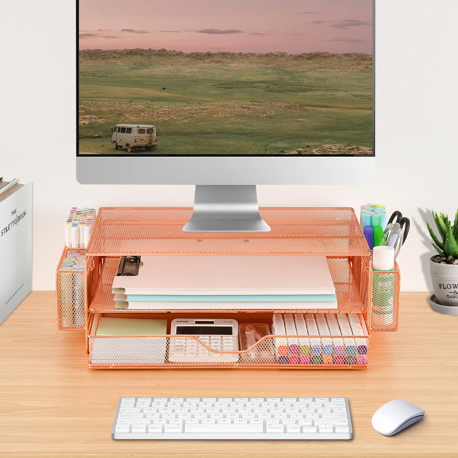 AUPSEN 2 Tier Computer Monitor Stands with Drawer and 2 Pencil Holder, Metal Monitor Stand Monitor riser, Computer Desk Organizer and Accessories for Laptop, Computer, Printer, Office Supplies(Black)