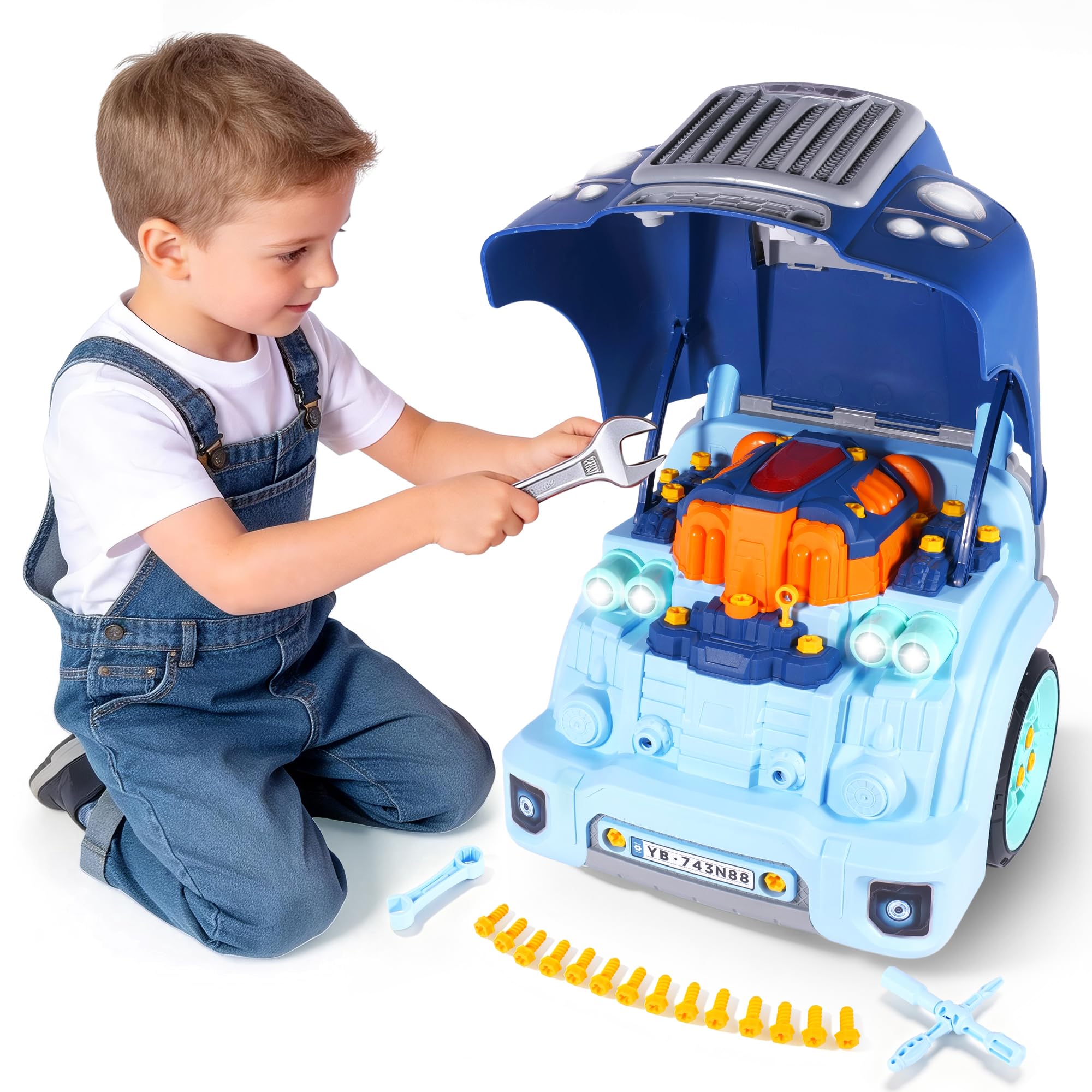 POFJOEQ Interactive Truck Engine Toy with Removable Parts - Lights, Sounds, and Fun for Young Mechanics -Unleash Their Creativity and Motor Skills with This Truck Engine Toy (Bule)