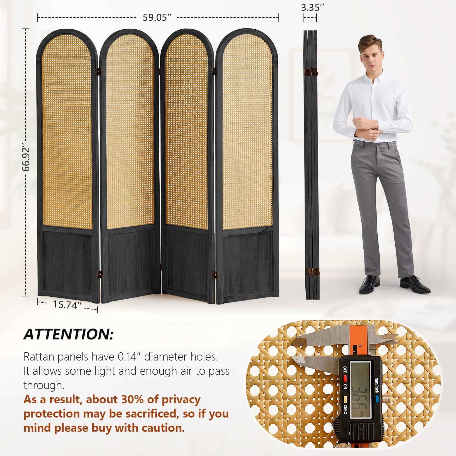 Hand-Woven Rattan Room Divider 3 Panels, 5.9 Ft Tall Wood Room Divider Panel, Partition Screen Divider Wall, Folding Privacy Screen, Wall Divider for Room Separation Home Office - Black