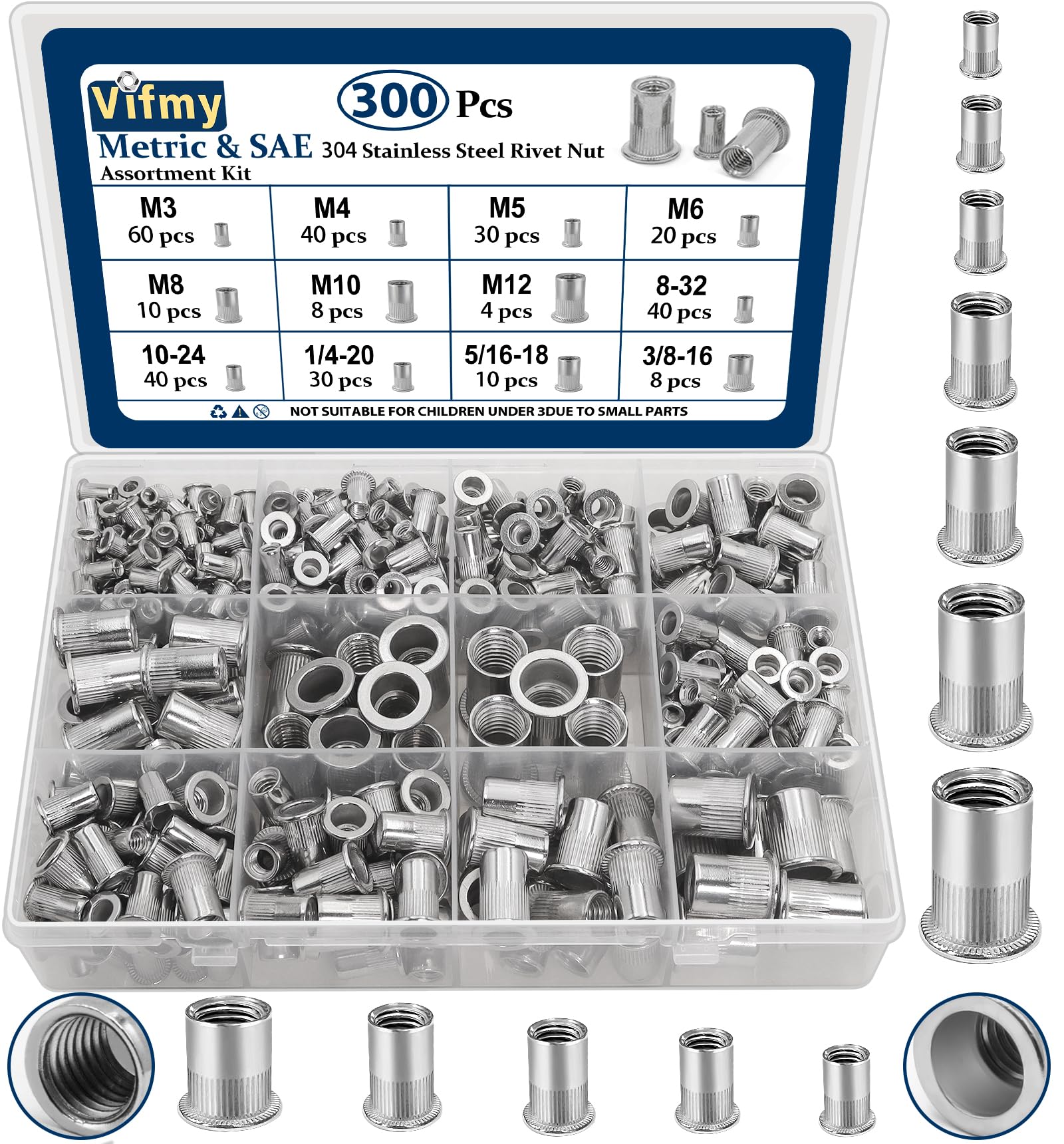 1/2''-13 UNC Rivet Nut, 10Pcs 304 Stainless Steel Flat Head Rivnut Threaded Insert Nutsert