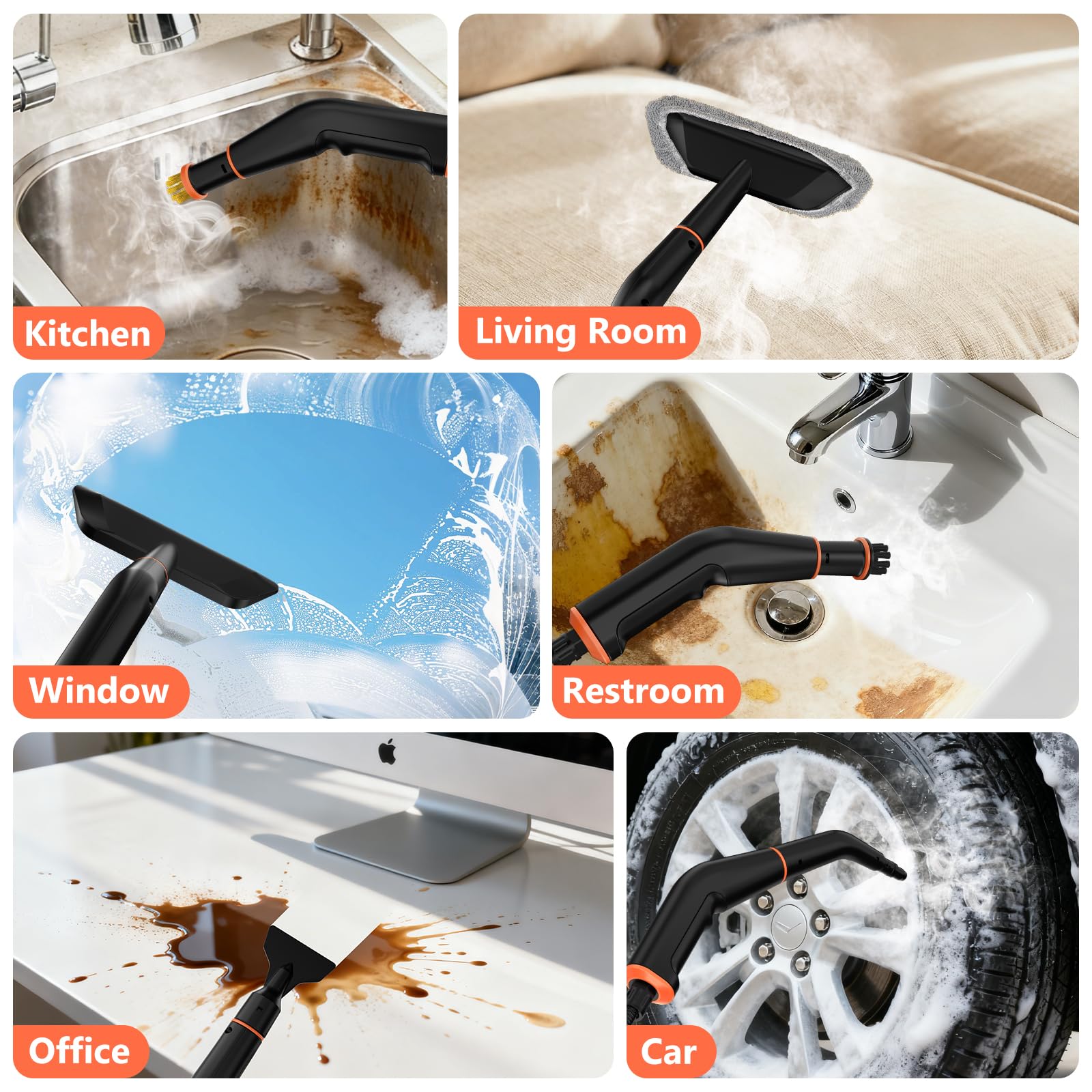 Steam Cleaner, Portable Steamer for Cleaning with 16pcs Accessories, 6-Level Adjustable and 15s Heat-Up, Handheld Steam Cleaner for Home, Tile, Dirt, Grout, Grease, Car Detailing