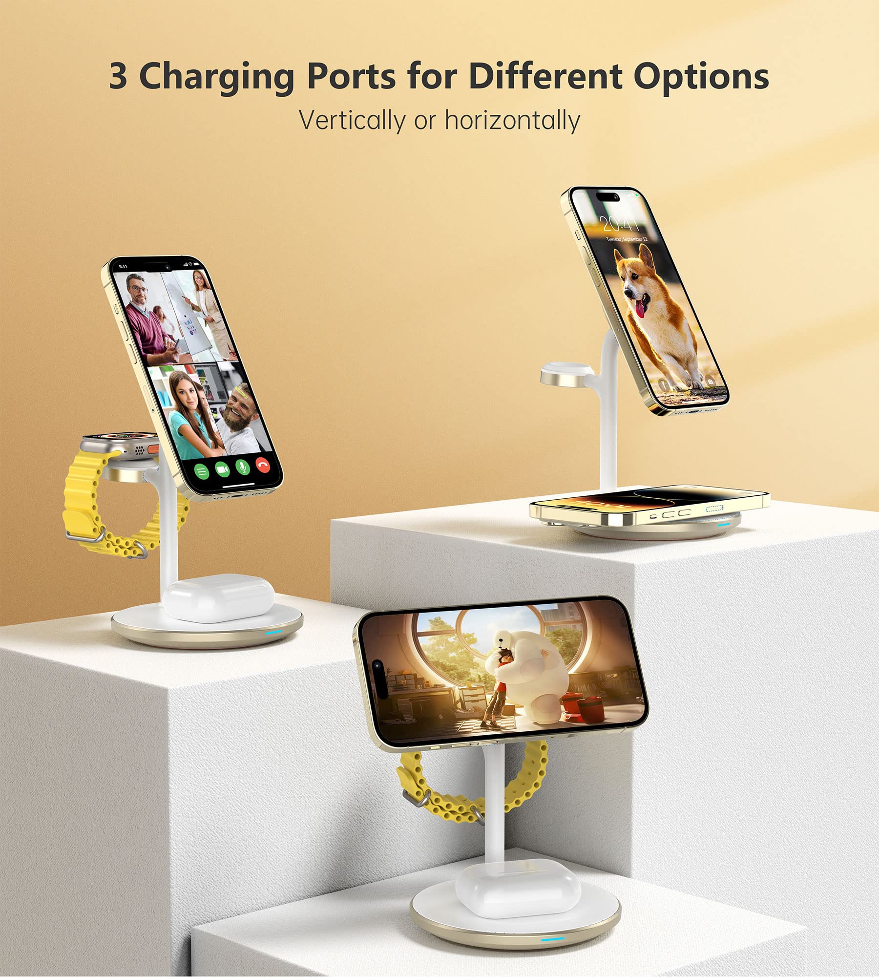 XooFly 3 in 1 Wireless Charging Station for Apple Devices, Fast Wireless Mag-Safe Charger Stand with 20W Adapter for iPhone 17/16 15 14 13 12 Pro Max/Pro/Plus/Air/Mini, iWatch, AirPods (Black)
