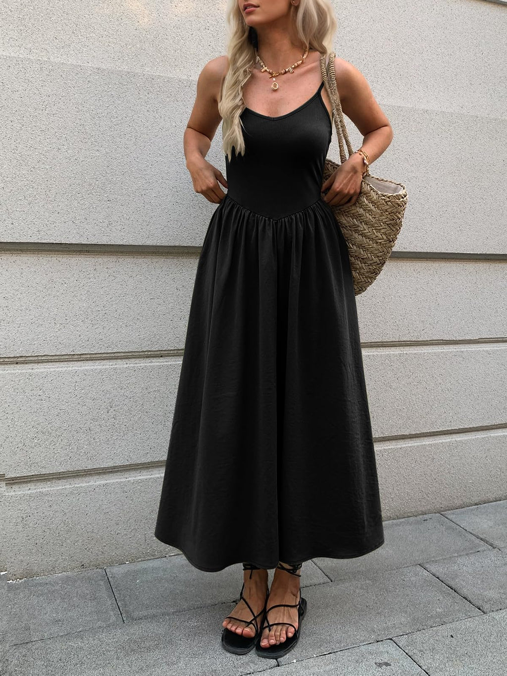 Mieazom Women’s Sleeveless V-Neck Maxi Dress with Pockets – Slim Fit Casual Summer Spaghetti Strap Dress for Vacation