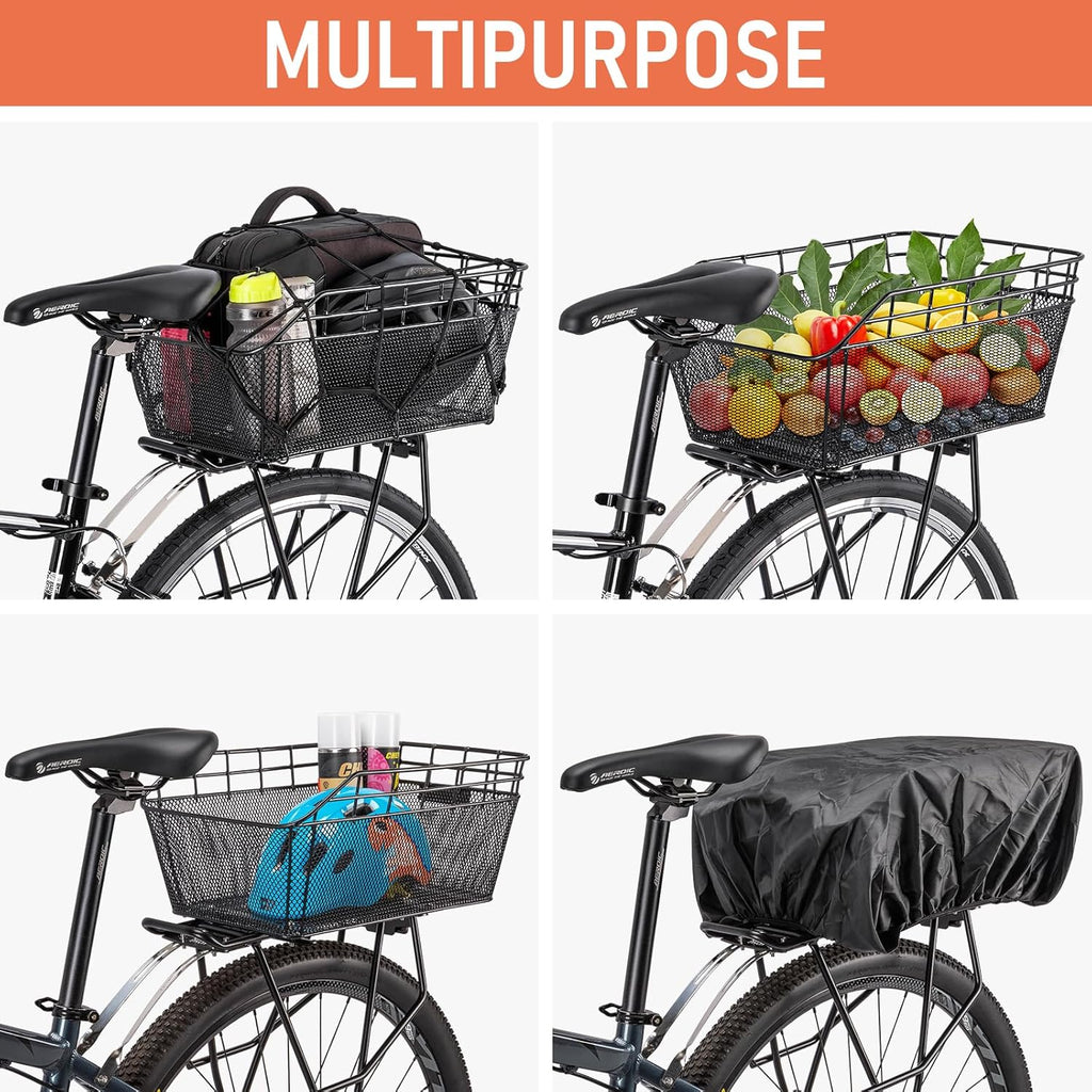 Rear Bike Basket - Large Bicycle Rear Basket with Cargo Net and Waterproof Cover, Wire Bike Baskets Rear Large Capacity (NO Bike Rack Included)