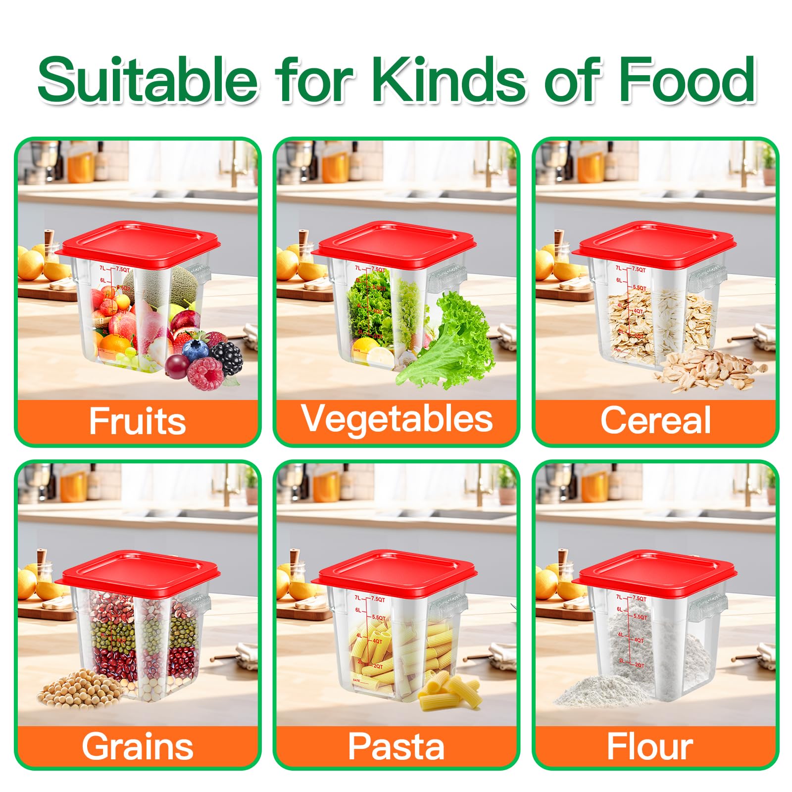 6 pcs 2qt Food Storage Containers with Lid, Square Clear Commercial Storage Containers with Handle and Scale for Food Storage in Home Kitchen & Dining (Green)