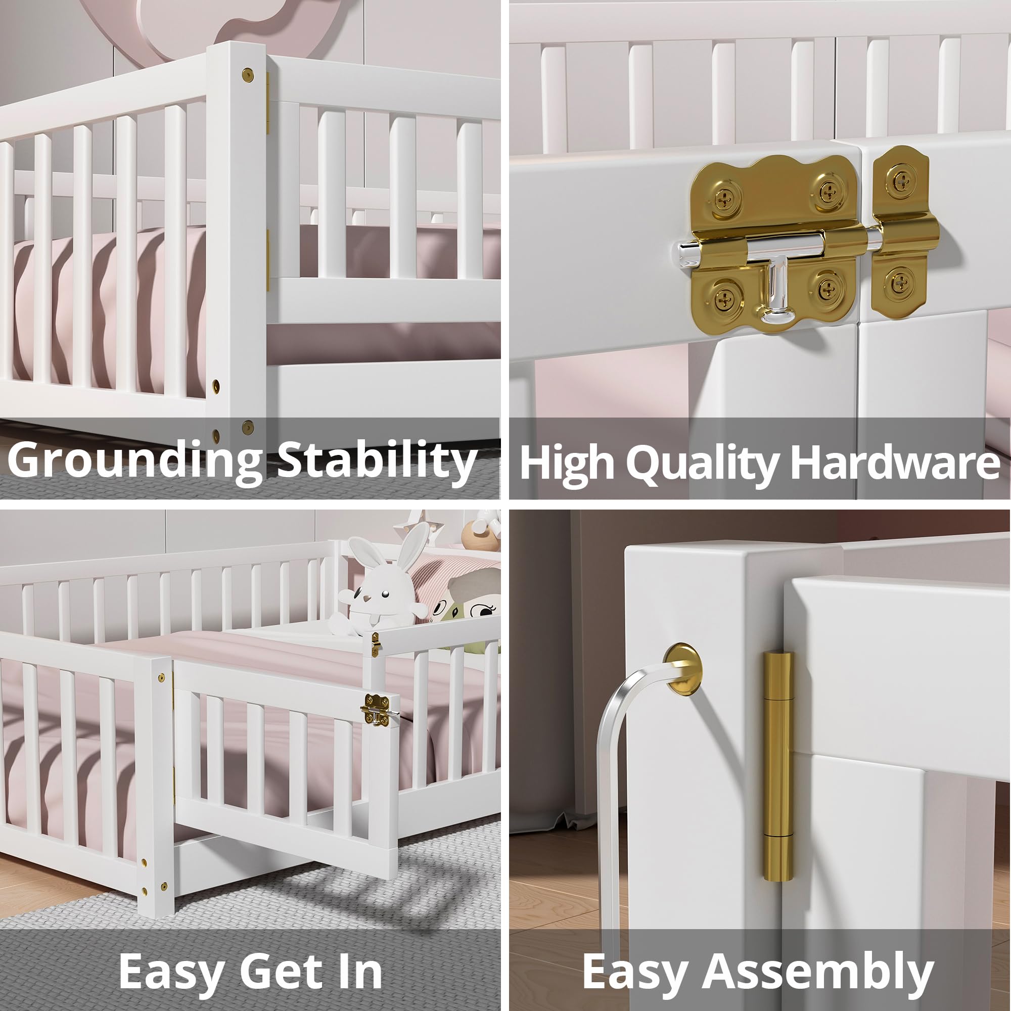 i-POOK Queen Floor Bed for Children, Sturdy Wood Montessori Bed Frame with Wood Slats, High Fence & Small Door for Girls and Boys, Espresso (with Bed Slats)