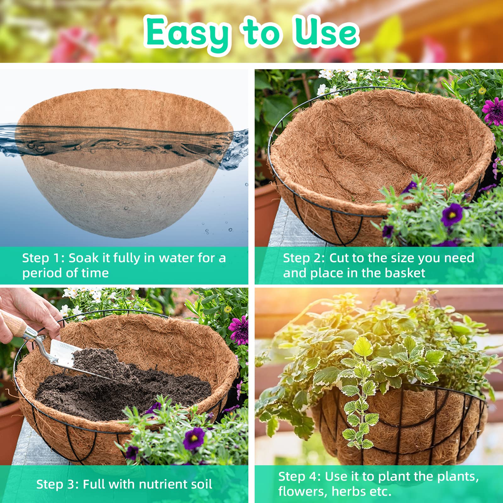 Riare 2 Pack 12 Inch Round Coco Liners Replacement, 100% Natural Coconut Coir Liners for Hanging Baskets, Garden Flower Vegetables Planter Pot, Window Box, Fence, Decks