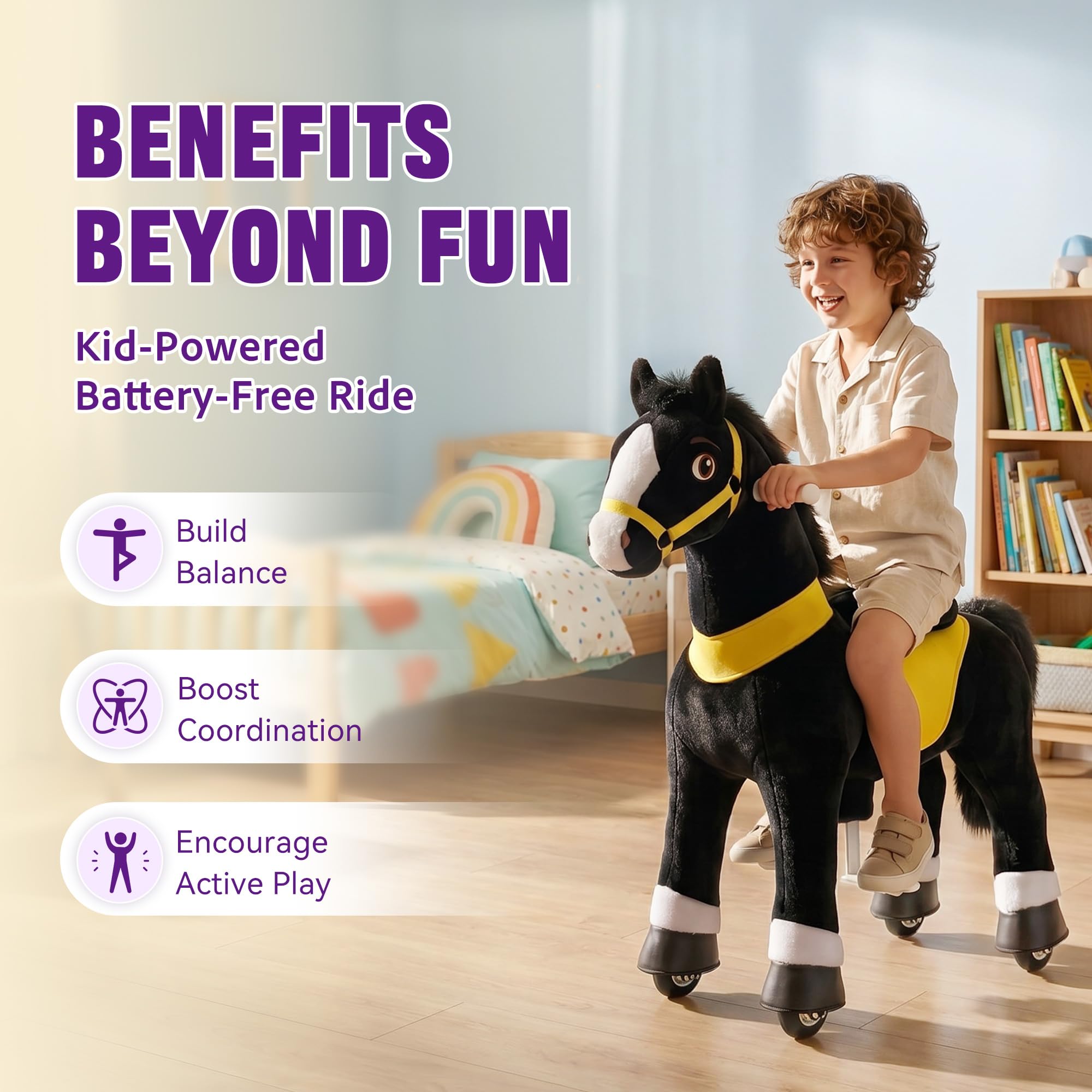 PonyCycle Ride on Toys Riding Black Horse Toys No Battery Required (with Brake/ 30" Height/Size 3) Pony Rider Walking Animals Rocking Horse Ride on Horse for Kids Riding Toys E338