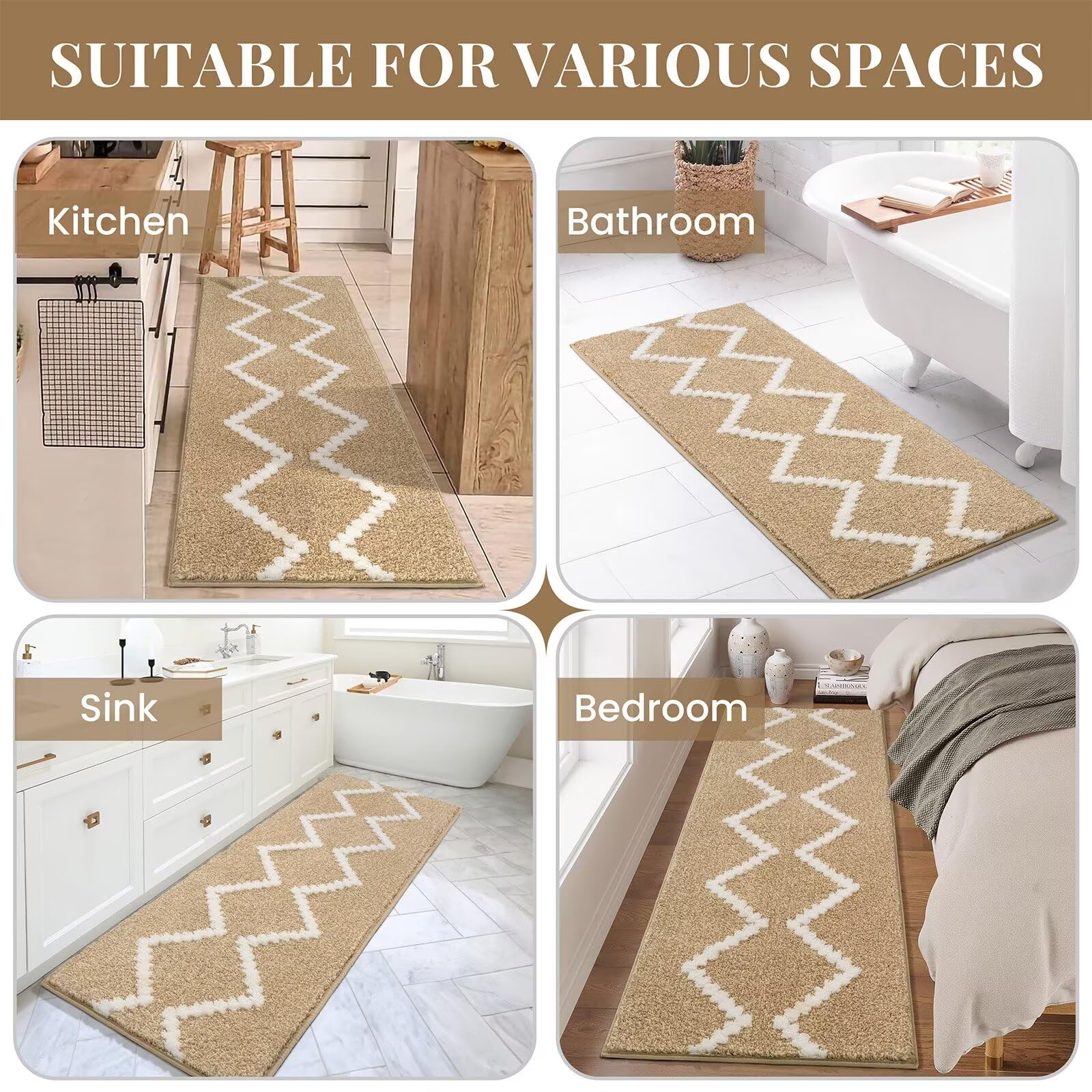 DEXDE Bathroom Rugs Runner 24x47 Long Bath Rug Non Slip Soft Washable Large Bath Mats for Bathroom Bedroom Hallway Kitchen Floor Carpet Modern Boho Decor, Beige