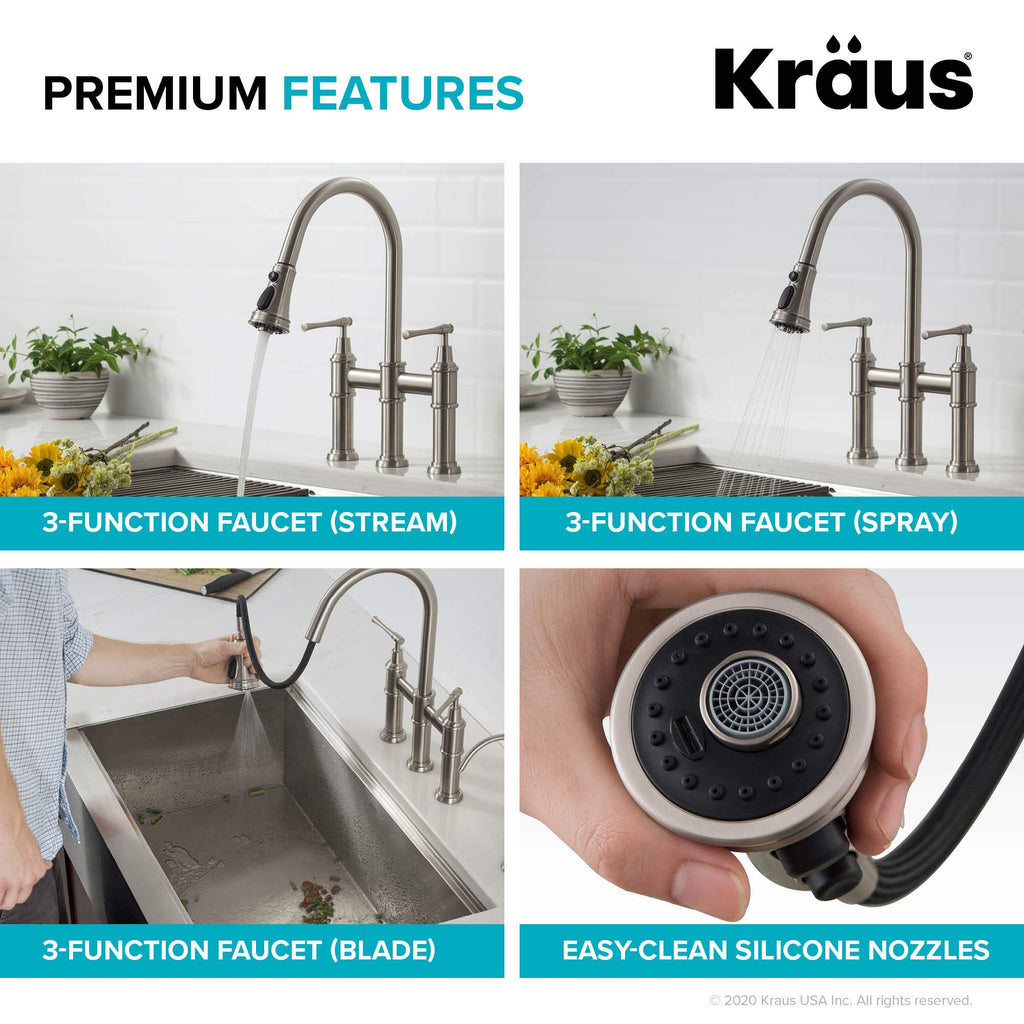 KRAUS Allyn Transitional Bridge Kitchen Faucet with Pull-Down Sprayhead in Brushed Gold, KPF-3121BG