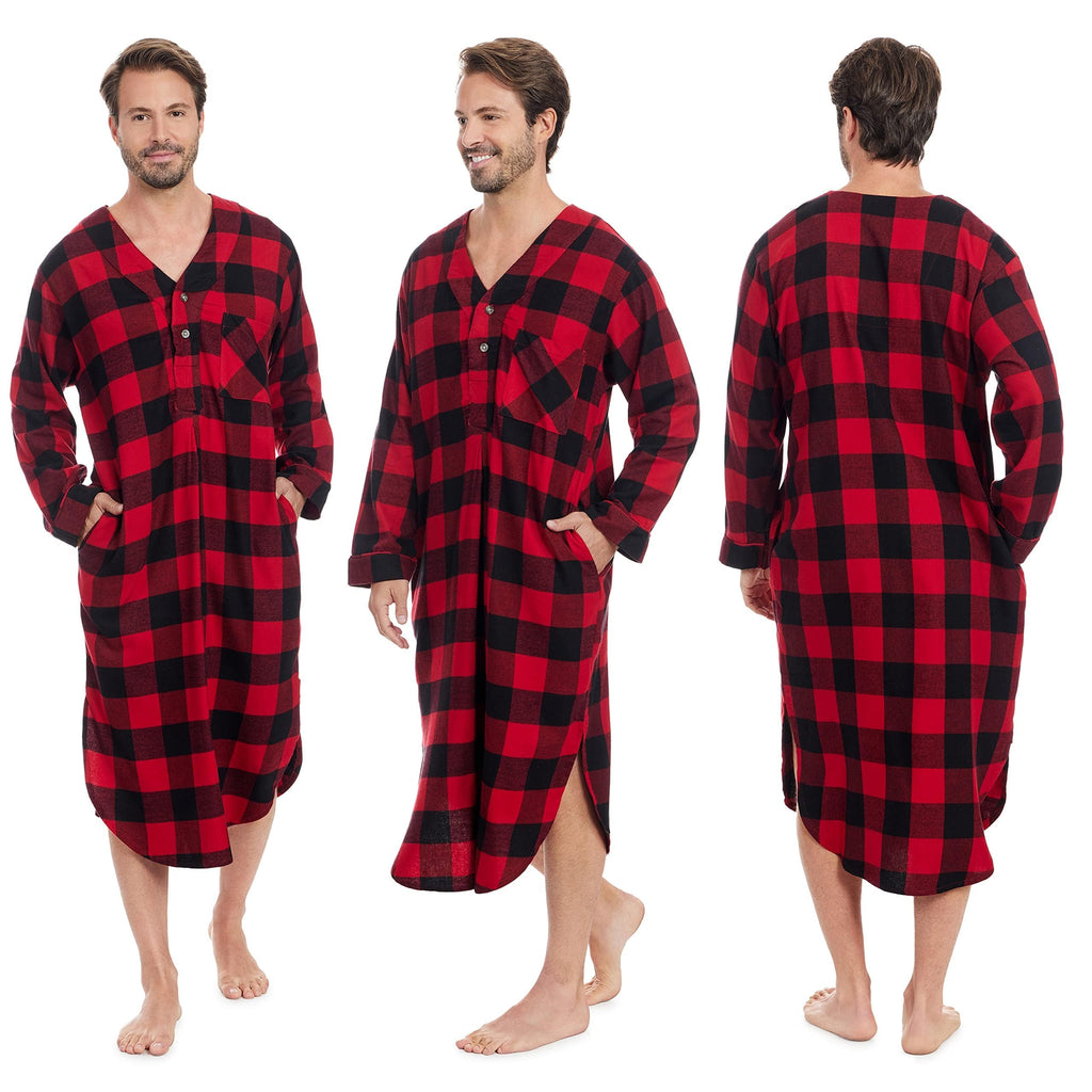 Andrew Scott Men's 2 Pack Lightweight Cotton Flannel Sleep Shirt, Long Henley Nightshirt Pajamas