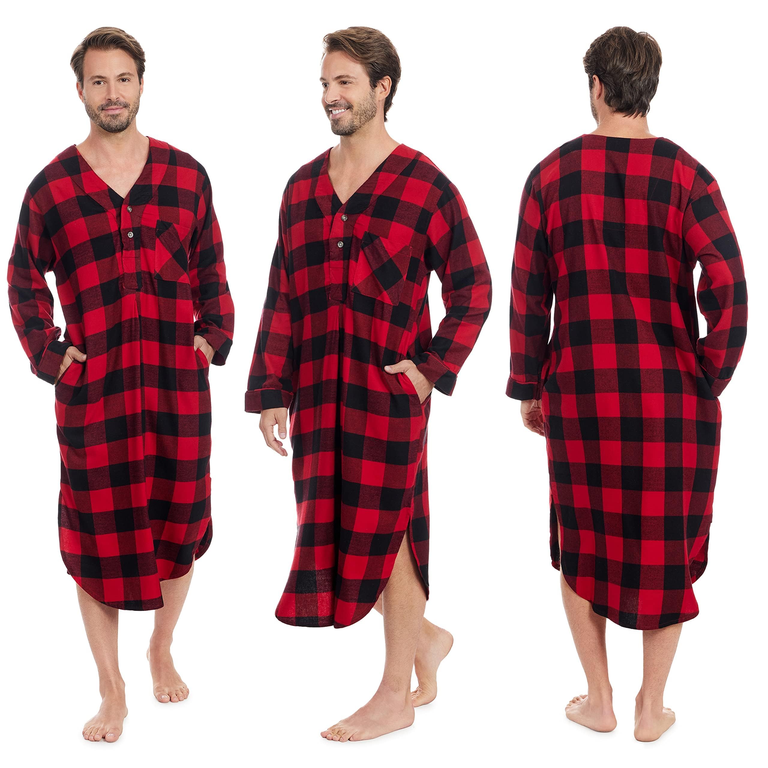 Andrew Scott Men's 2 Pack Lightweight Cotton Flannel Sleep Shirt, Long Henley Nightshirt Pajamas