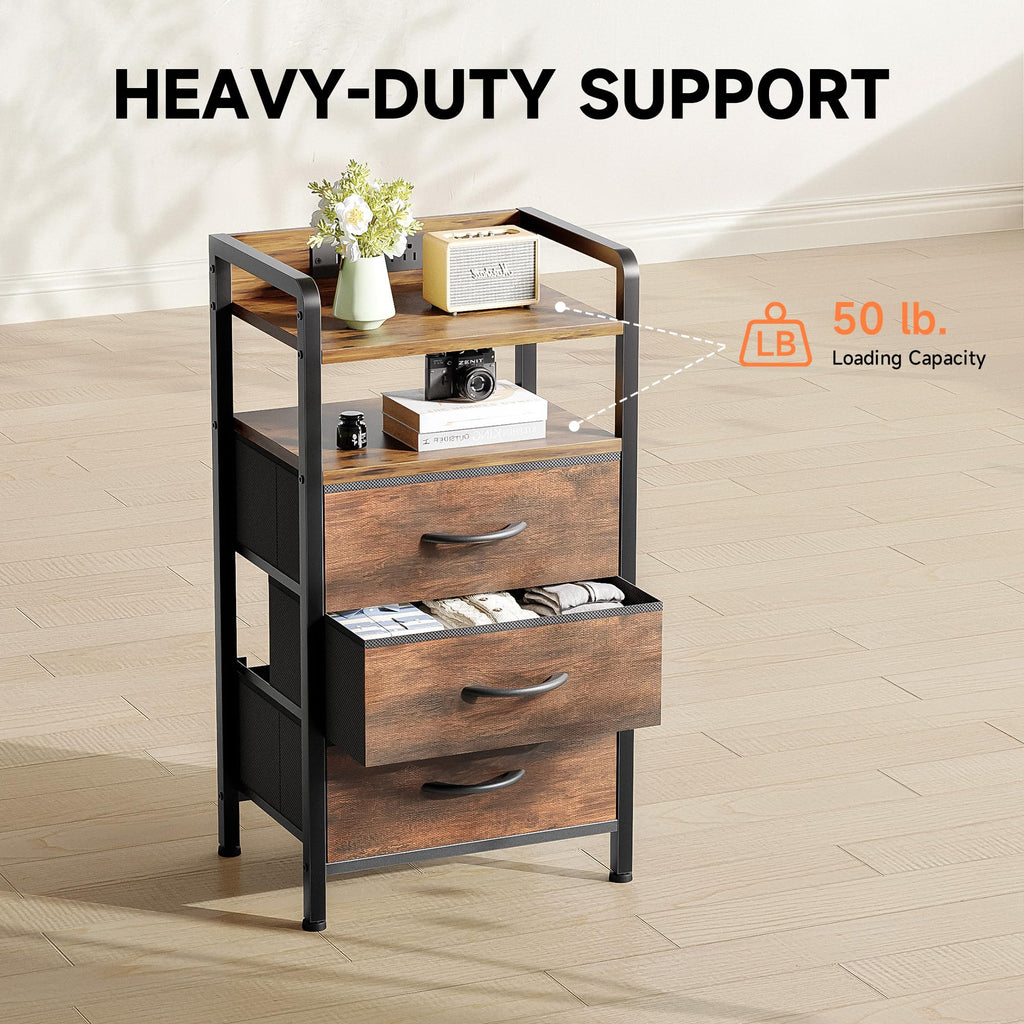 Lazzanto Night Stand Bedside Charger Bedroom - Nightstand with Charging Station & LED Light Strip, Night Stand with Storage Shelf & 2 Fabric Drawers, Morden End Table with U-S-B Ports & AC Outlets