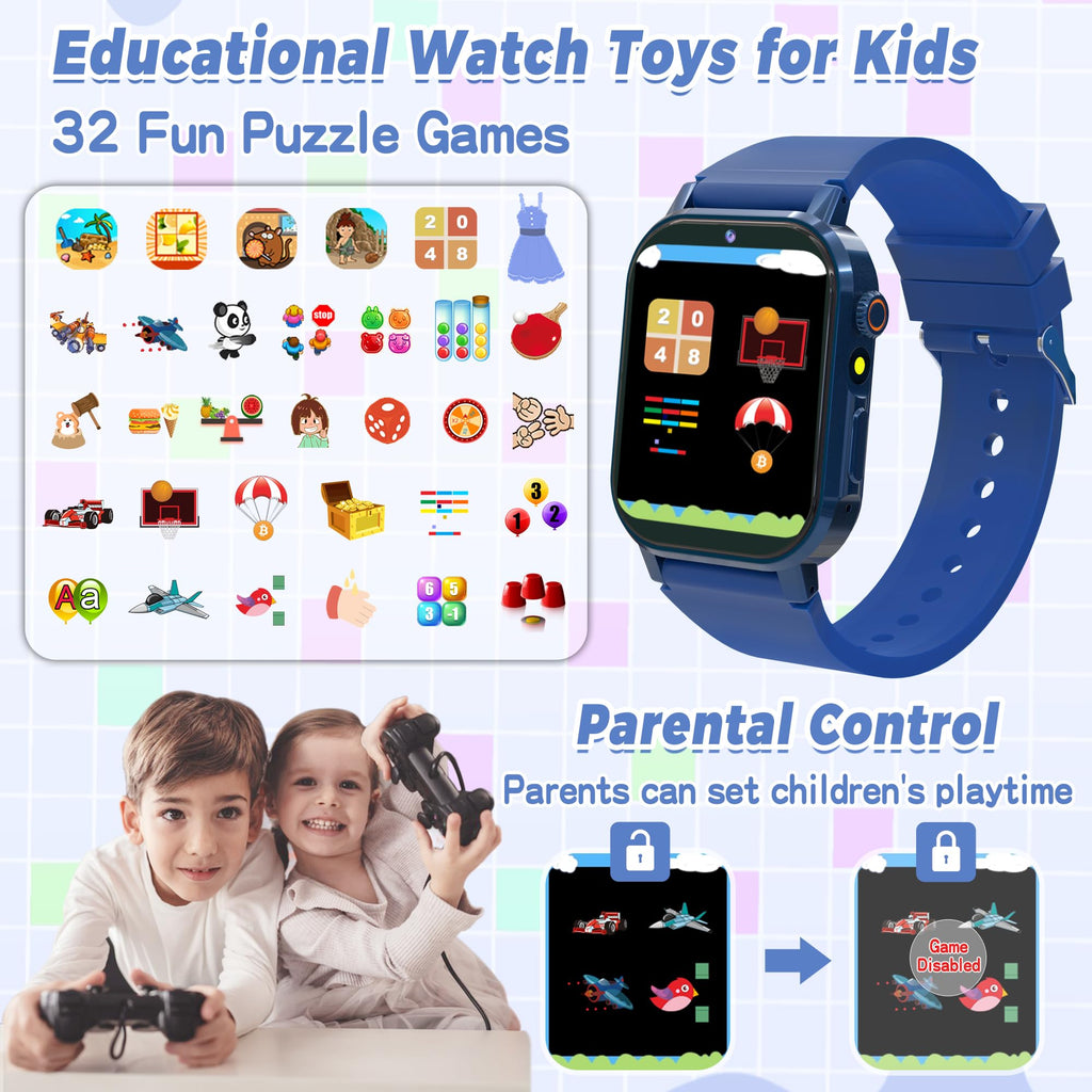 Kids Smart Watch Boys, Kids Game Smart Watch with 32 Games HD Touch Screen Video Camera Music Player Audiobooks Pedometer Flashlight Alarm Clock 12/24 hr, Toys Gift for 3-12 Years Old Boys Girls