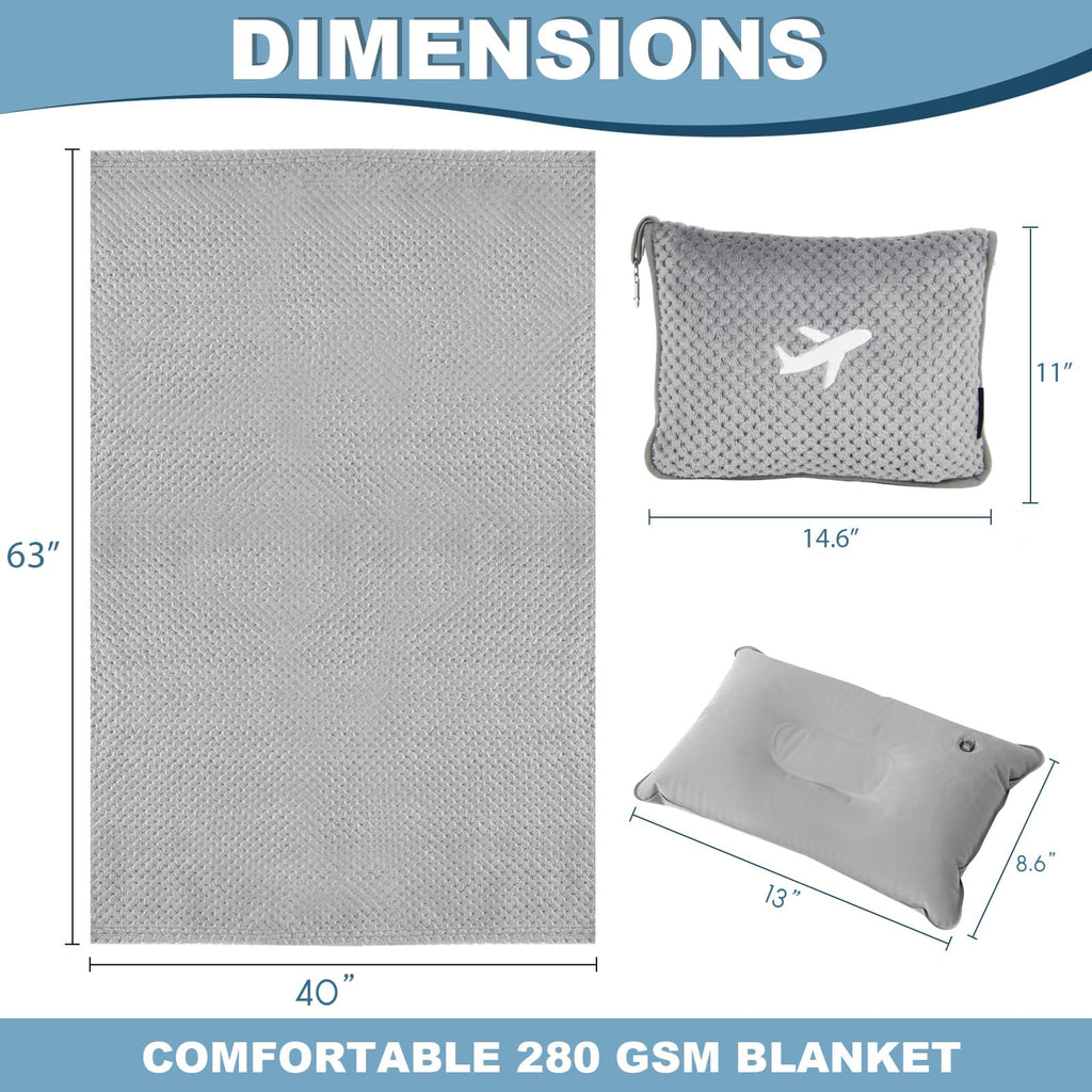 Travel Blanket Airplane Compact with Bag, Travel Essentials 3 in 1 Packable Airplane Blanket, Travel Pillow and Blanket Set, Inflatable Pillow, Luggage Sleeve & Backpack Clip (Camel)