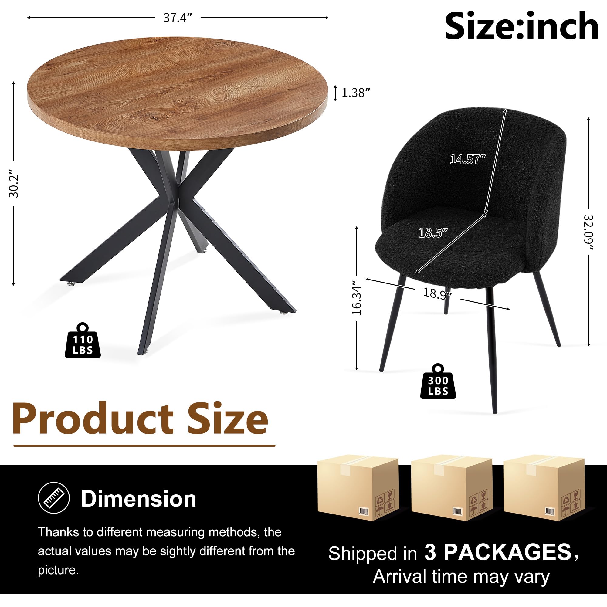 Homedot Dining Table Set for 2 with Black Dining Chairs, 3-Piece Compact Kitchen Table Set for Small Spaces, Rustic Brown Round Table Wooden with Upholstered Dining Side Chairs for Living Room