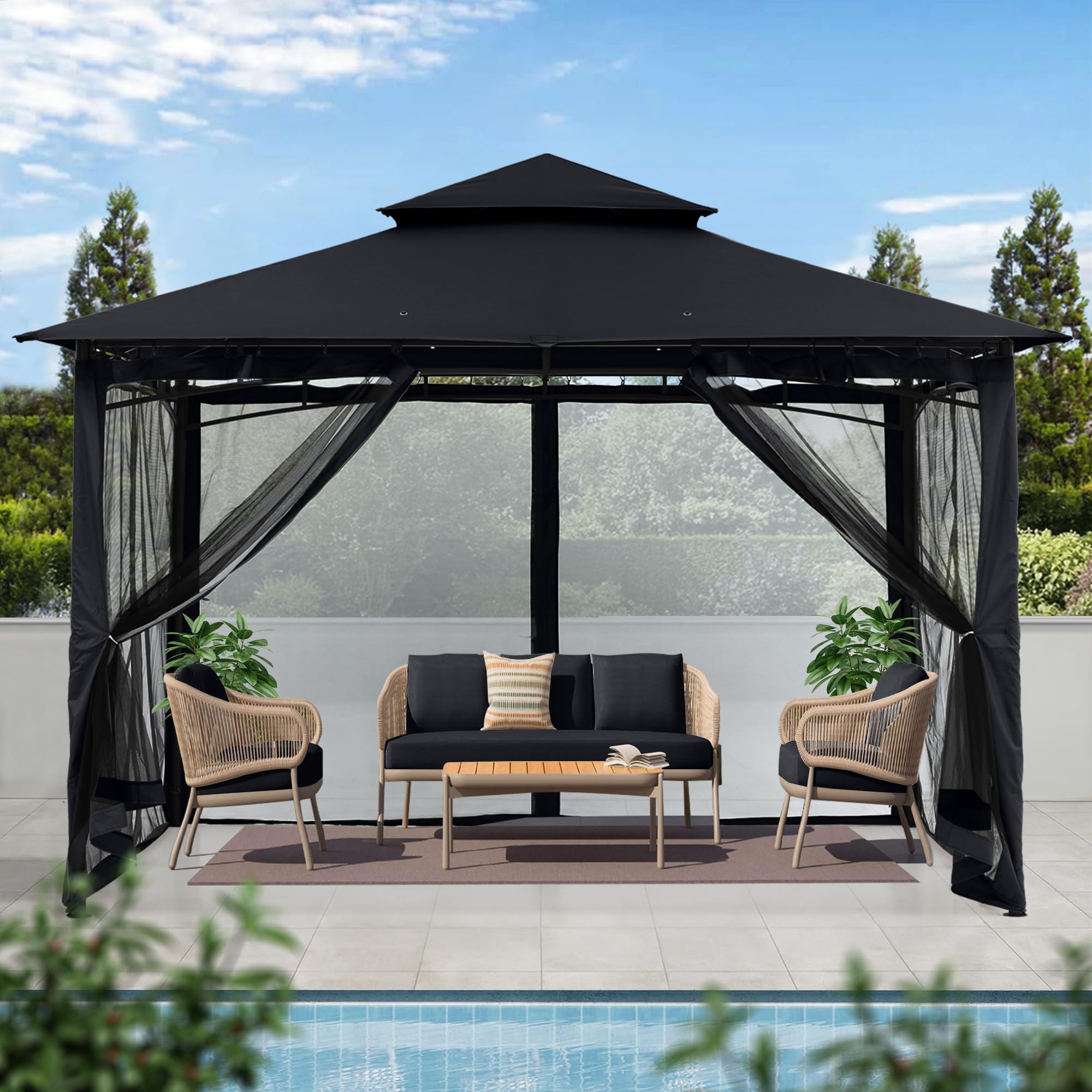 MASTERCANOPY Outdoor Garden Gazebo for Patios with Stable Steel Frame and Netting Walls (9x9,Beige)