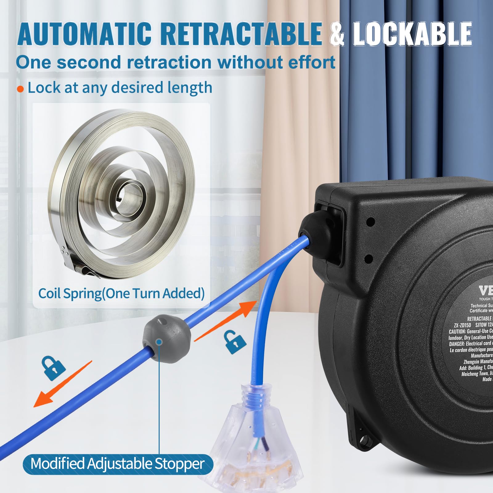 VEVOR Retractable Extension Cord Reel, 30 FT, Heavy Duty 16AWG/3C SJTOW Retractable Power Cord Reel with Lighted Triple Tap Outlet 10 Amp Circuit Breaker 4.5FT Lead-in Cord, for Ceiling or Wall Mount