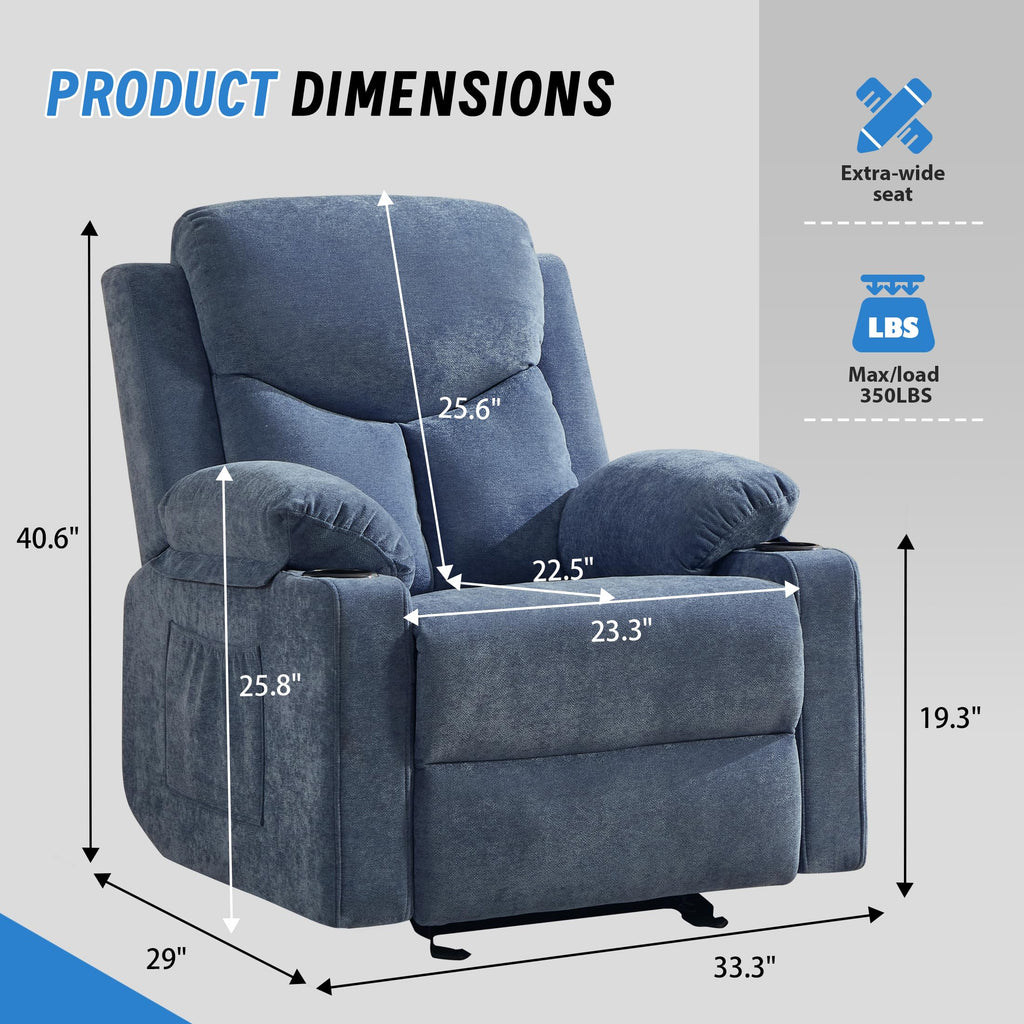 Manual Rocker Recliner Chair for Adults with Massage, Overstuffed Glider Rocking Chair with Cup Holders and Pockets for Living Room, Reclining Sofa Chair for Bedroom Nursery,Beige
