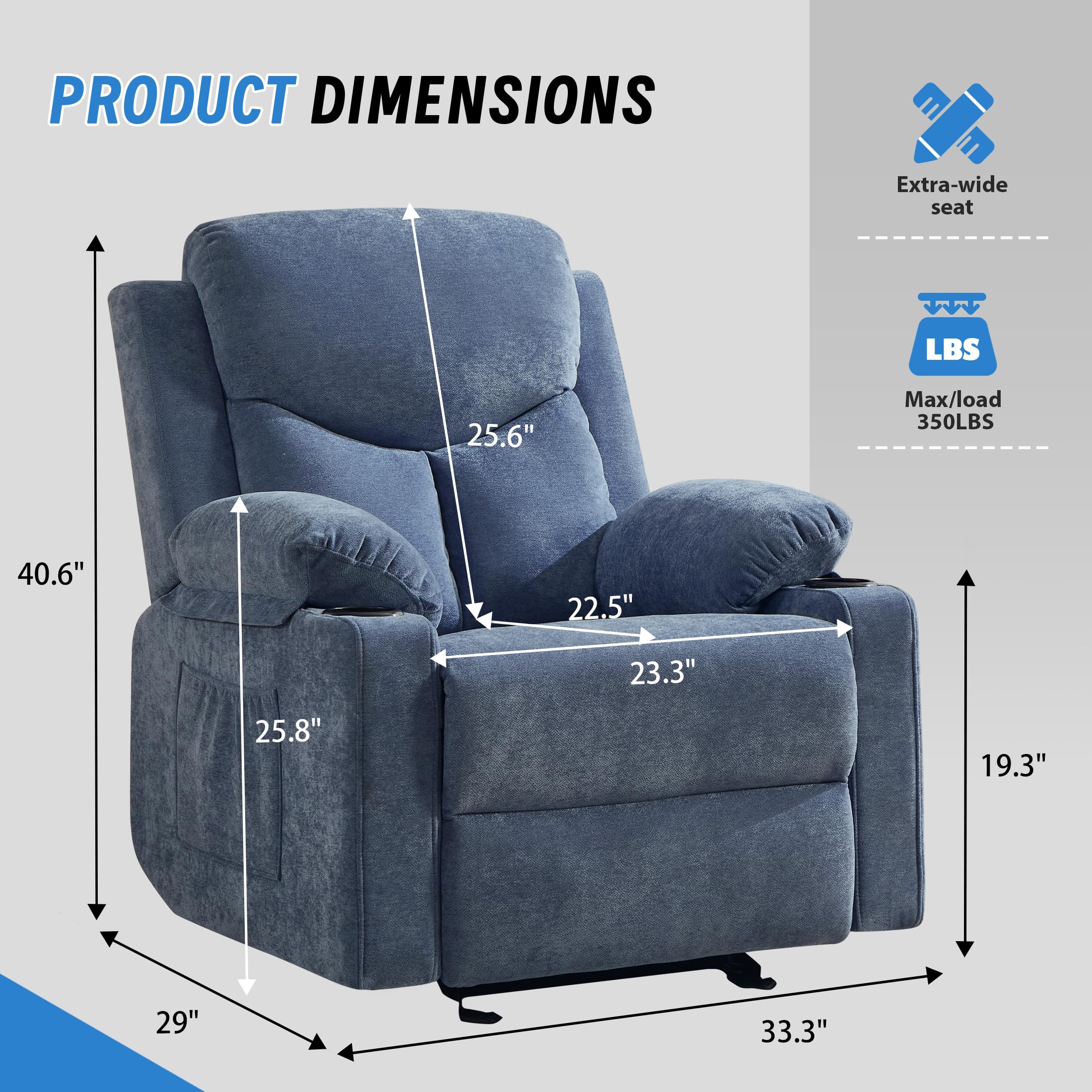 Manual Rocker Recliner Chair for Adults with Massage, Overstuffed Glider Rocking Chair with Cup Holders and Pockets for Living Room, Reclining Sofa Chair for Bedroom Nursery,Beige