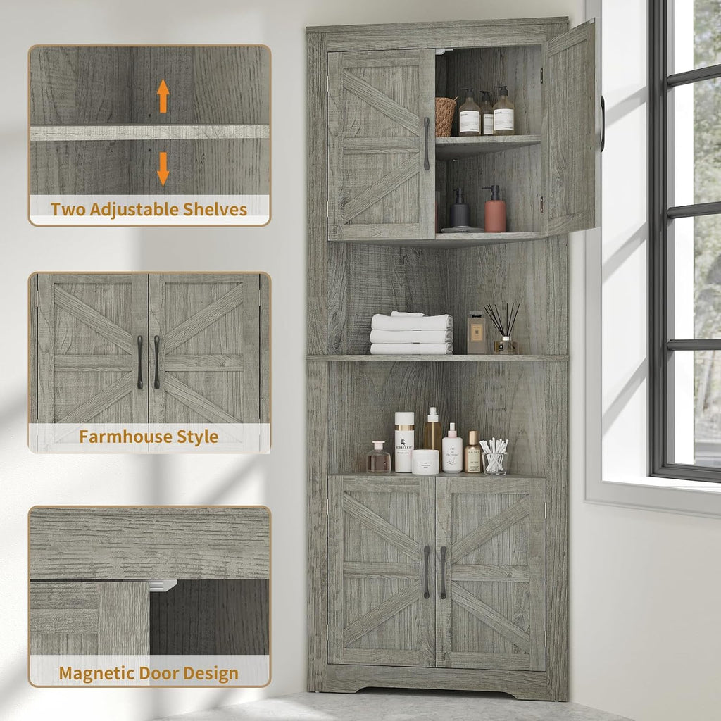 Corner Cabinet 67” Tall, Farmhouse Corner Storage Cabinet with Doors and 5 Shelves, Home Space Saver for Kitchen, Living Room, Gray