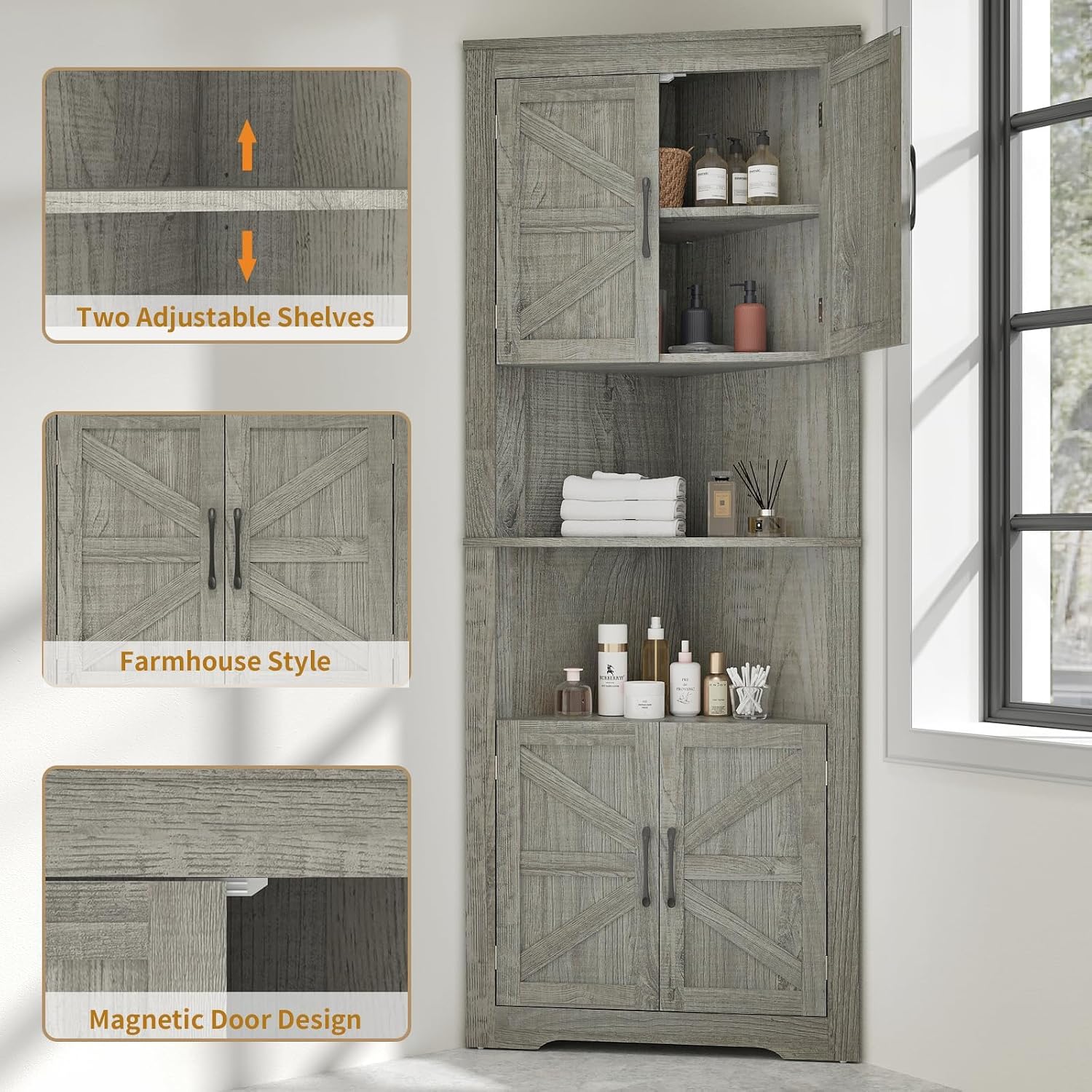 Corner Cabinet 67” Tall, Farmhouse Corner Storage Cabinet with Doors and 5 Shelves, Home Space Saver for Kitchen, Living Room, Gray