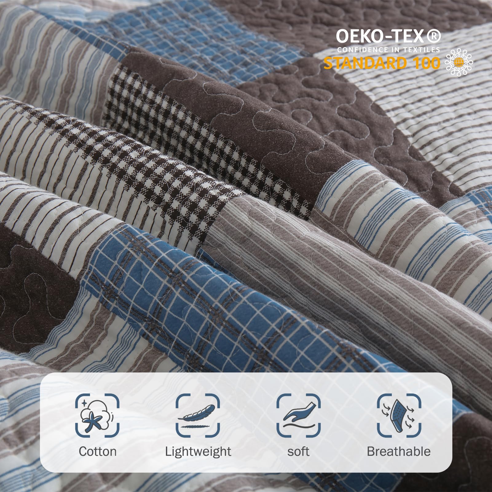Y-PLWOMEN 100% Cotton Farmhouse Plaid Lightweight 3-Pieces Quilt Set (Blue Brown, Queen90 * 98 Inch)