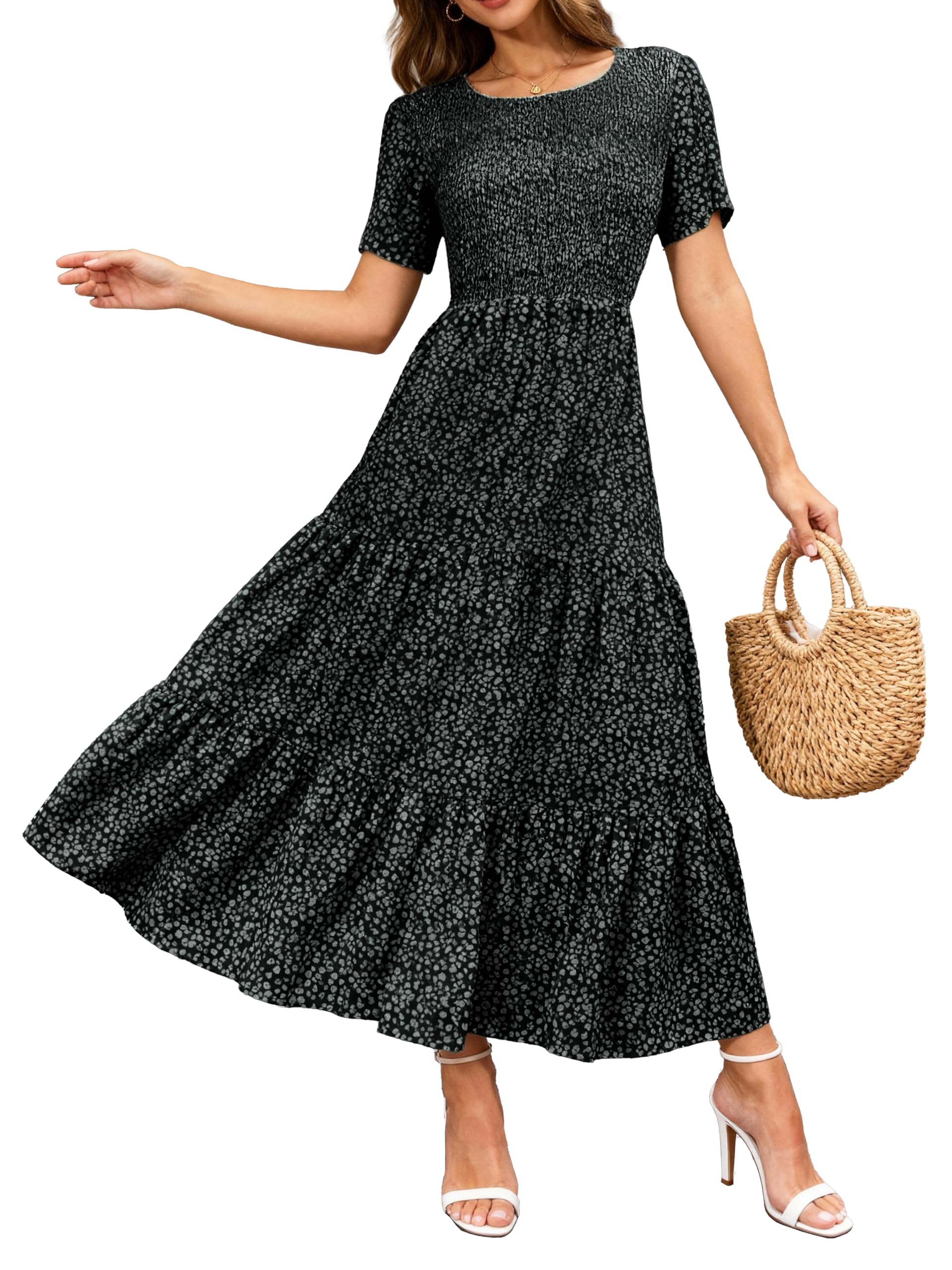 BTFBM Women Casual Short Sleeve Crew Neck Summer Dress Bohemian Floral Printed Flowy Maxi Dresses Tiered Cocktail Dress