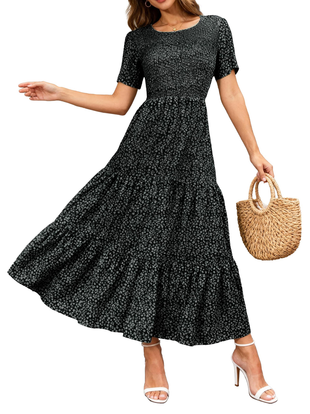 BTFBM Women Casual Short Sleeve Crew Neck Summer Dress Bohemian Floral Printed Flowy Maxi Dresses Tiered Cocktail Dress