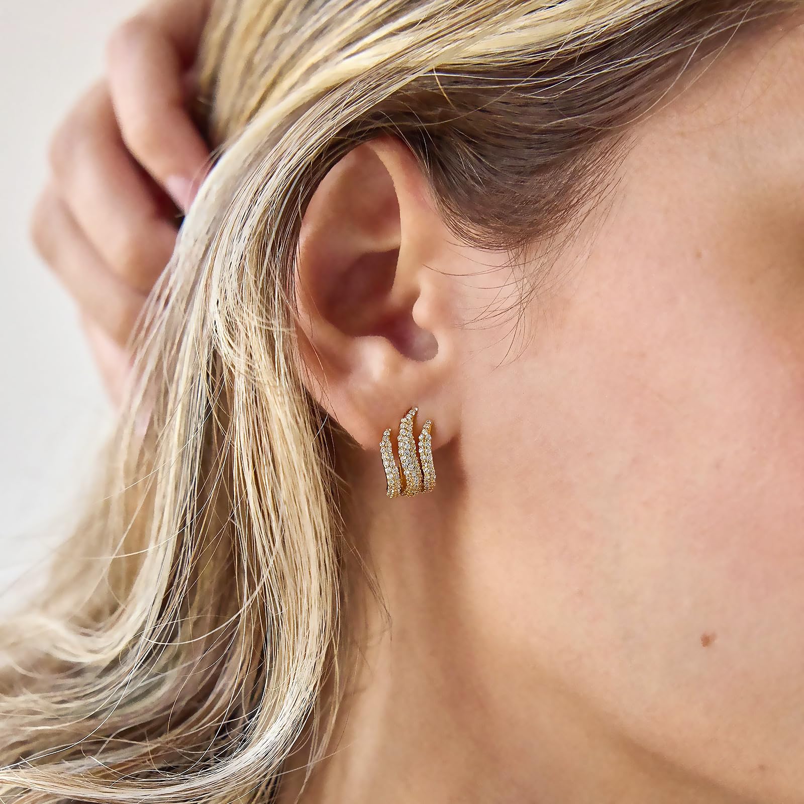 Obidos 14K Gold Plated Illusion Stud Earrings for Women | Triple Huggie Hoop Earrings for One Hole| Trendy Simple Hypoallergenic Fashion Accessories Gold Jewelry Gifts for Womens