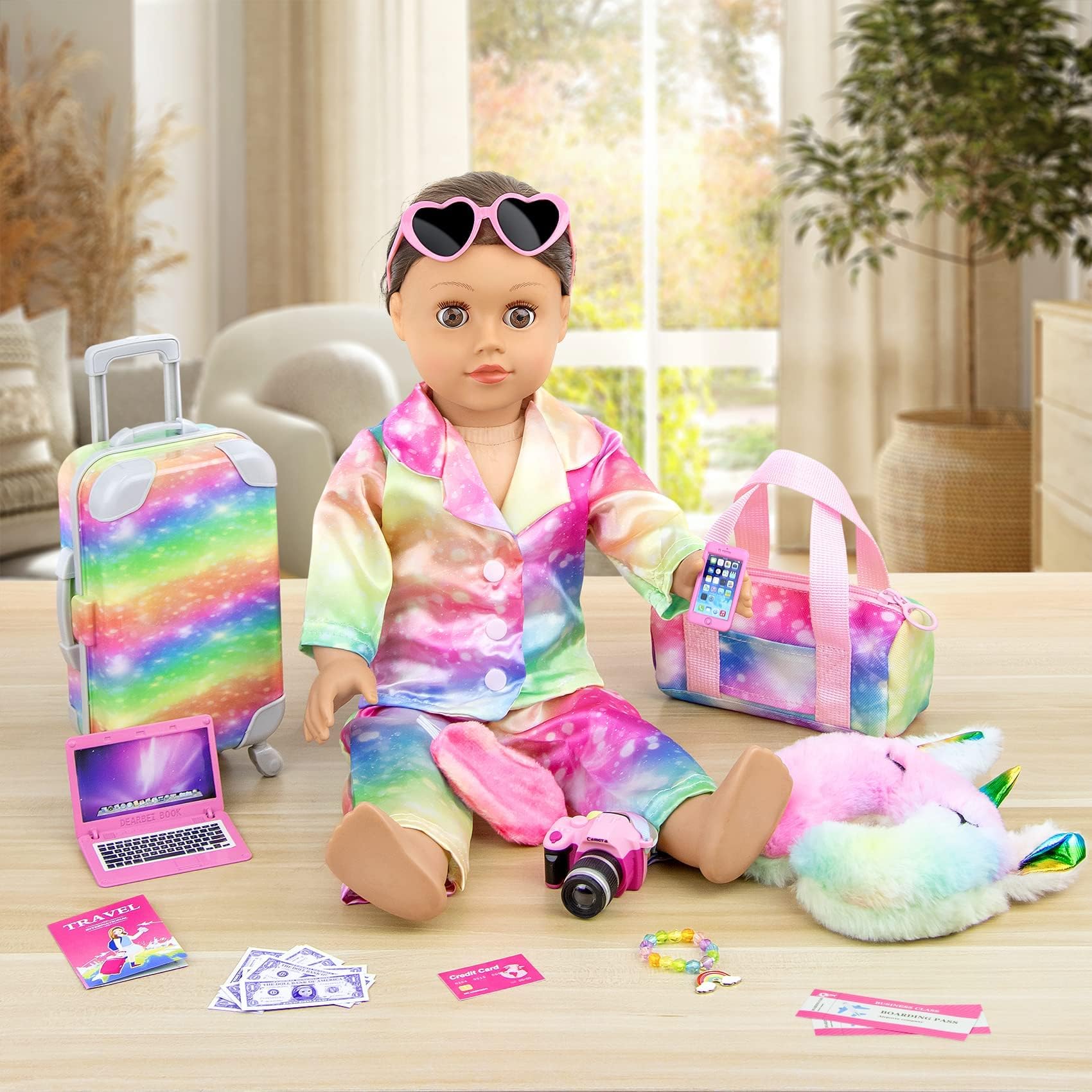 K.T. Fancy 18 Inch American Doll Clothes and Accessories, Doll Travel Suitcase Playset for Girls, Cute Travel Doll Clothes for 18 Inch Girl Doll(Not Include Doll & Shoes), Pink