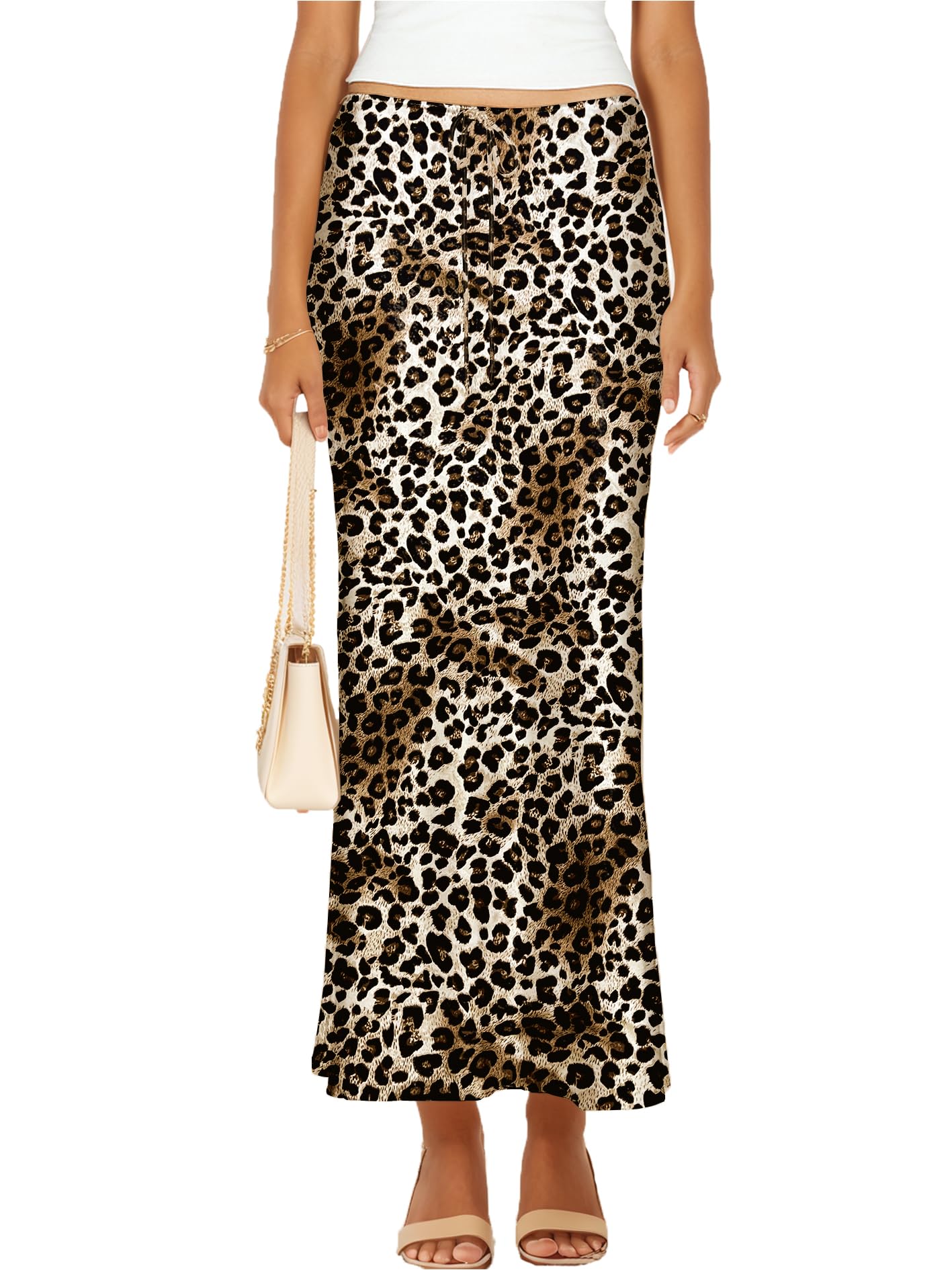 Womens Satin Silk Maxi Skirts Drawstring Flared Casual A-Line Long Skirt for Women