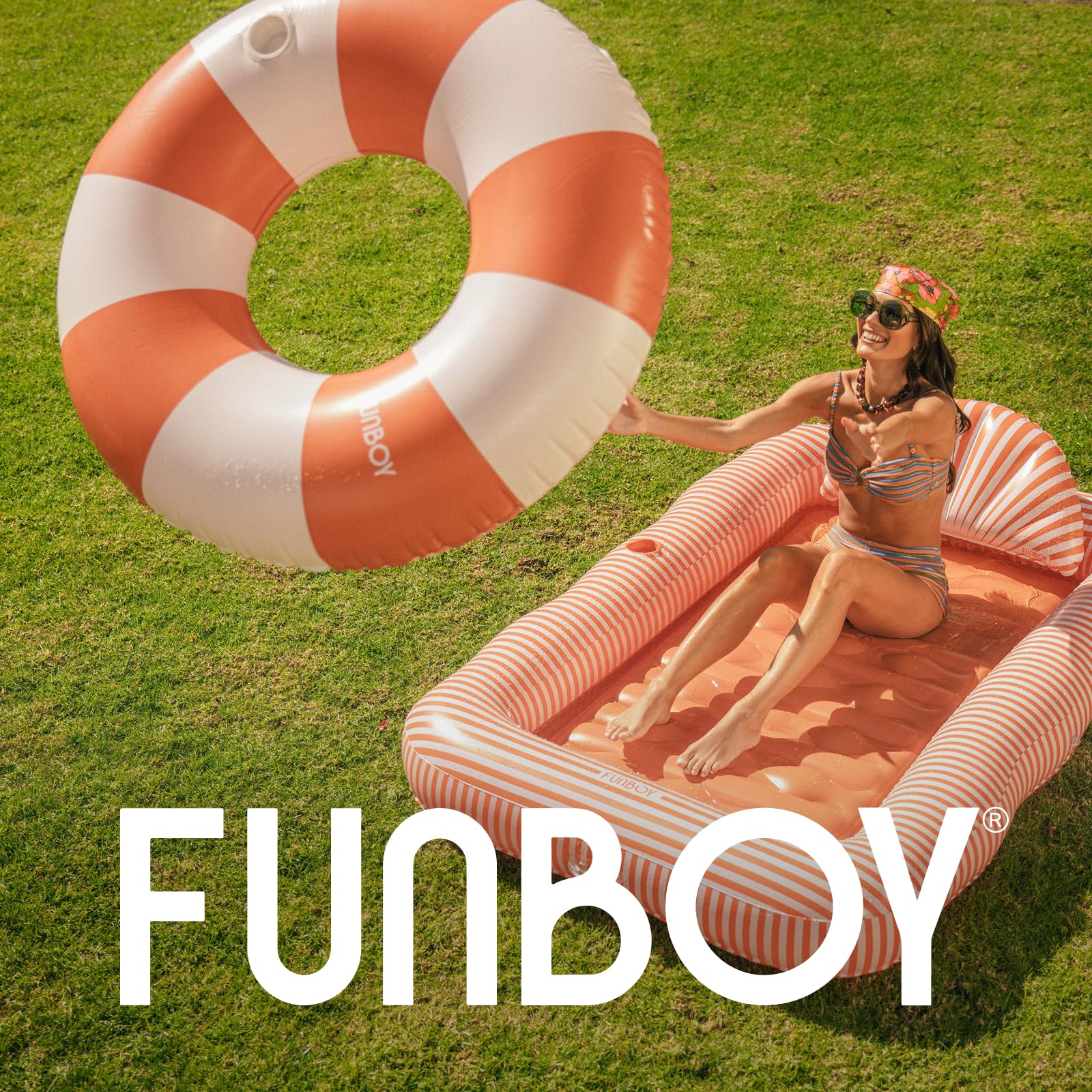 FUNBOY Giant Vintage Stripe Inflatable Tube Pool Float with Cup Holder 48" Large Pool Float for Adults Inner Tube Swimming Pool Toys Swim Rings Pool Lounger Float for Pool Party & Summer