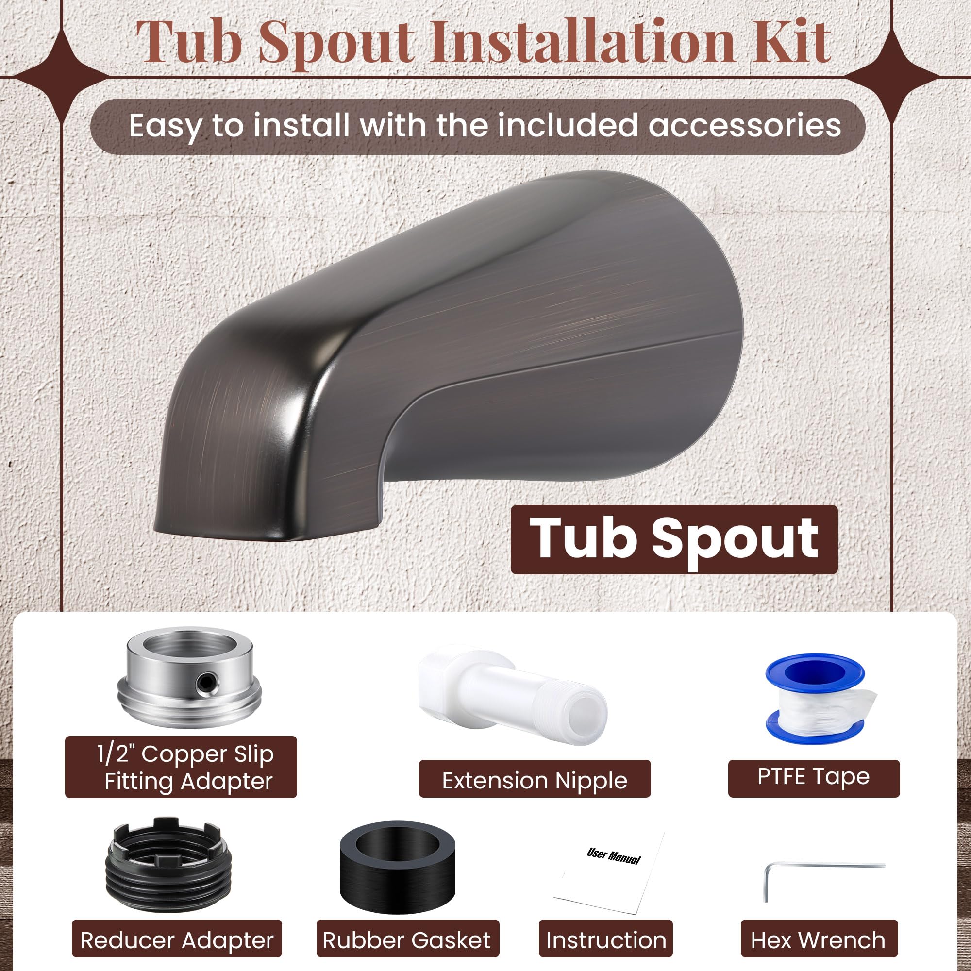 Dreyoo Tub Spout (Universal Fits 1/2" Copper Pipe, 1/2" IPS and 3/4" IPS), Bathroom Bathtub Faucet with Adapters and Hex Wrench(Brushed Nickel,Simple)
