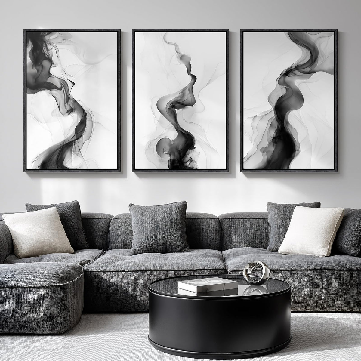 Framed Black and White Modern Abstract Wall Art, 3 Piece Canvas Prints Paintings Artwork for Walls, Minimalist Black White Grey Pictures for Living Room Dining Room Bedroom Office Wall Decor 16x24 In
