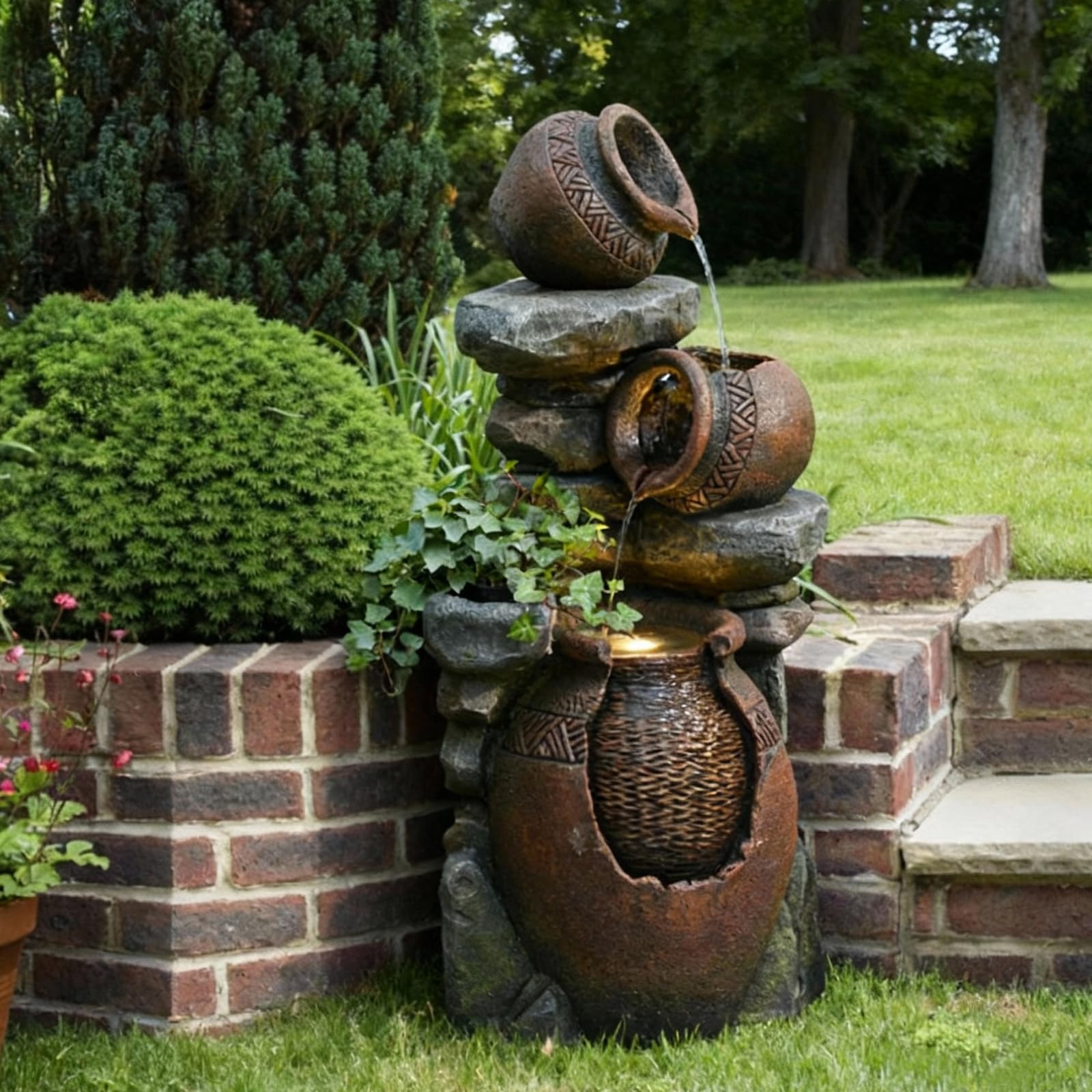 Bumilgar 2-Tier Bowl Water Fountain with LED Lights, 27.95" Tall Freestanding Outdoor & Indoor Garden Waterfall Fountain for Yard, Patio, Backyard, Floor Standing Home Decor